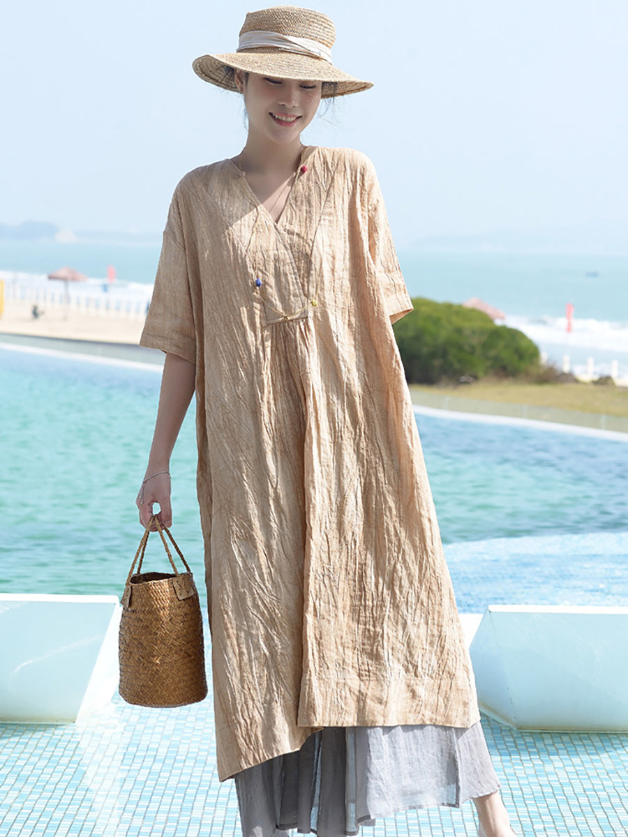 Vintage V-Neck Linen Loose Dress for Women - Casual Summer Boho Maxi Dress for Beach, Travel & Everyday Wear