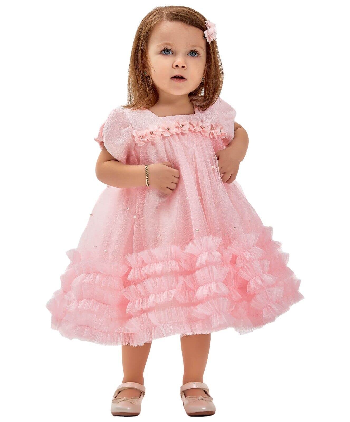 **Baby Girls Tutu Dress with Tulle Skirt & Pearl Details - 2 Piece Formal Occasion Set (Pink) - Perfect for Birthday Parties, Pageants & Special Events**