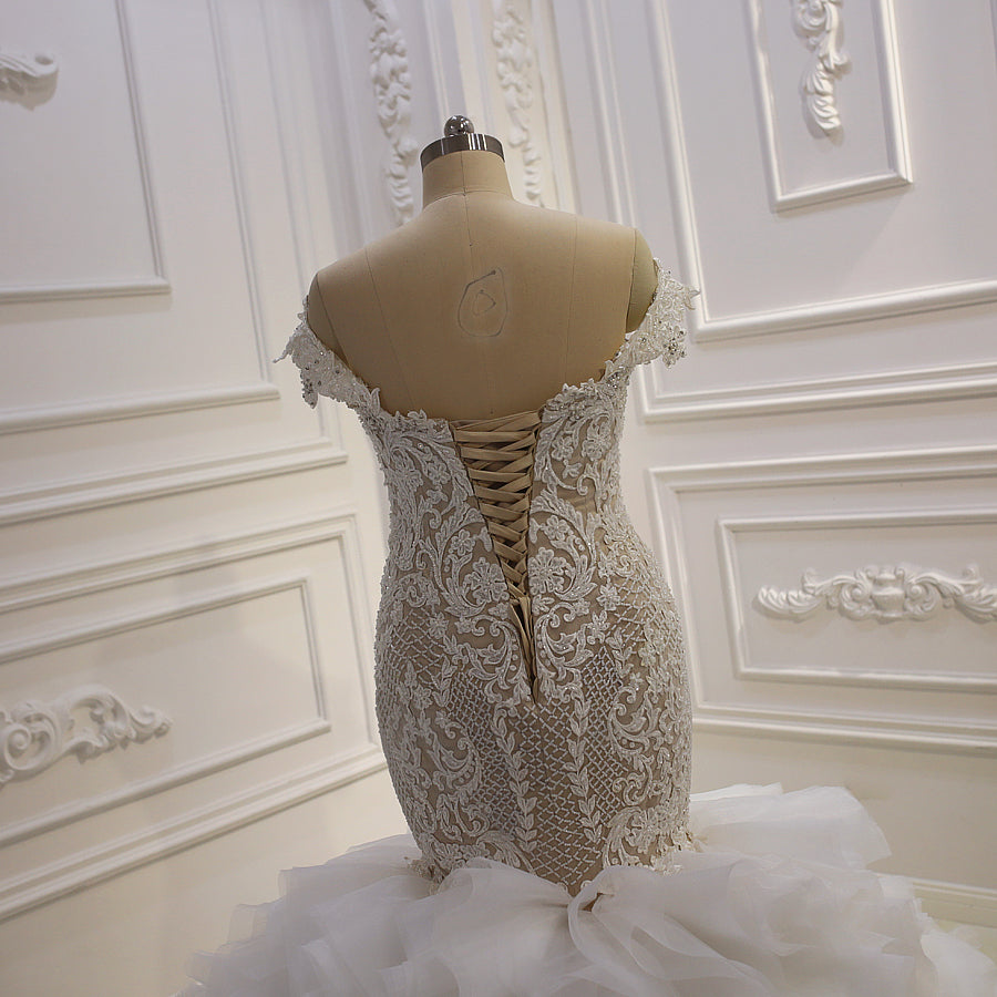 Off Shoulder Champagne Ruffle Tiered Mermaid Wedding Dress - Elegant Bridal Gown for South African Beach Weddings & Destination Ceremonies