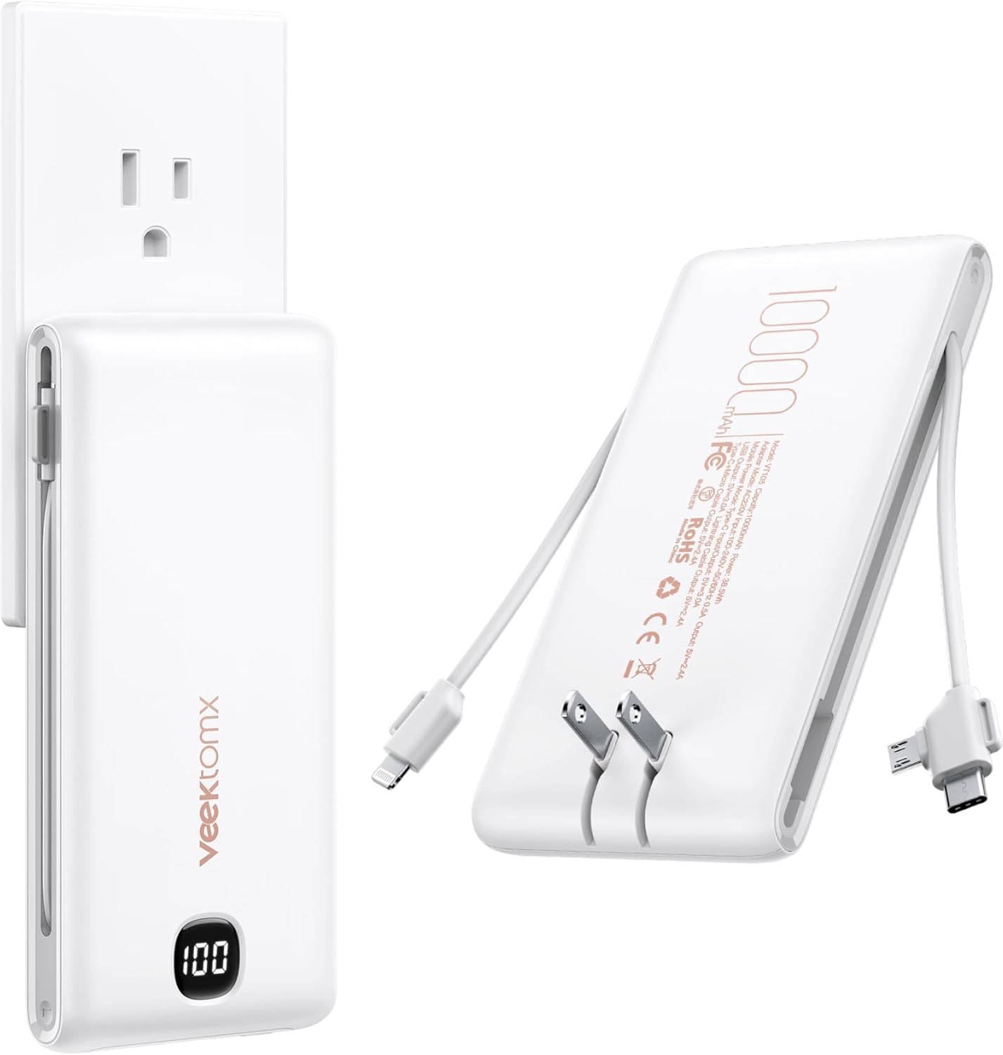 VEEKTOMX 10000mAh Slim Portable Charger with Built-in Cables - Fast Charging Power Bank for iPhone 16/15/14, Samsung, iPad | Includes Wall Plug & USB-C | Perfect for Travel, Camping, and Emergency Power Backup