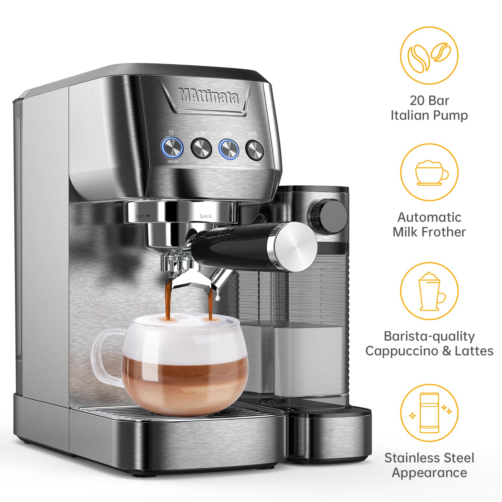 20 Bar Espresso Machine with Milk Frother - Stainless Steel Home Cappuccino Maker with 2.0L Automatic Milk Tank | Perfect for Coffee Lovers & Entertaining Guests