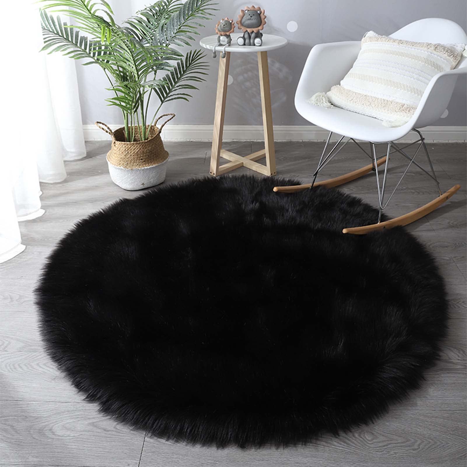 Luxury Soft Faux Sheepskin Round Area Rug 6ft - Fluffy Plush Circle Rug for Bedroom & Living Room - Cozy Fake Fur Floor Carpet - Perfect for Home Decor, Nursery, and Cozy Reading Nook - Black