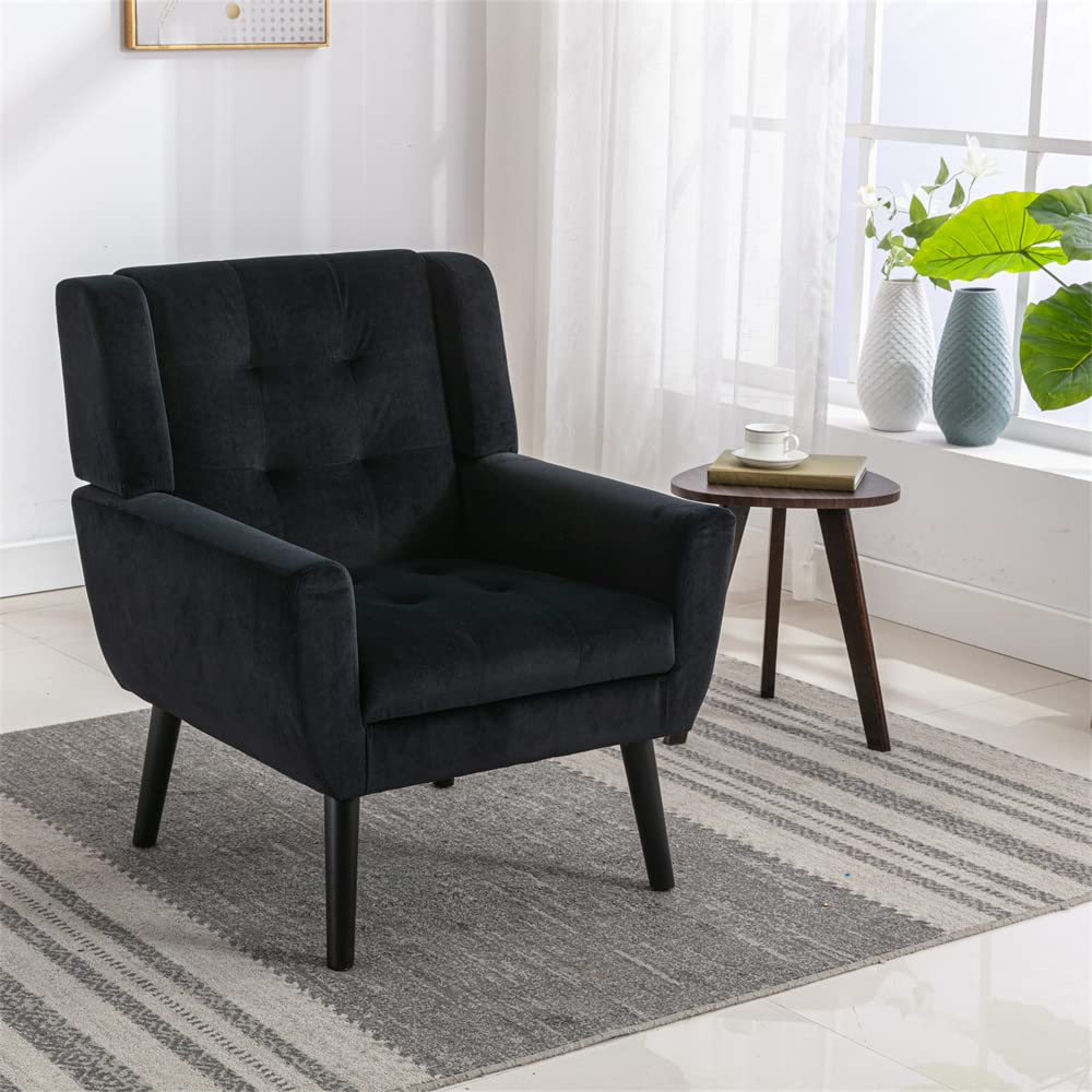 Luxury Velvet Accent Chair - Modern Tufted Wingback Armchair with Solid Wood Legs & Plush Cushion | Comfortable Upholstered Lounge Chair for Living Room, Bedroom or Office | Elegant Black Club Chair for Relaxing & Reading