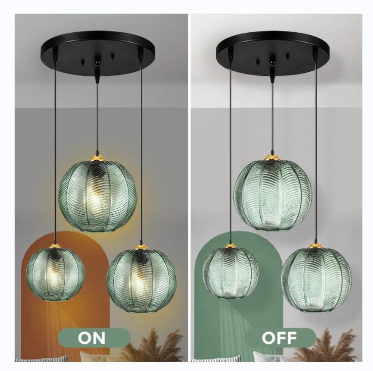 GXF 3 in 1 Green Glass Pendant Light Fixtures - E26 E27 Large Glass Chandelier with Ribbed Blown Glass Globe Shade - Mid Century Modern Hanging Ceiling Light for Living Room, Restaurant, Bar & Cafe Lighting Decor