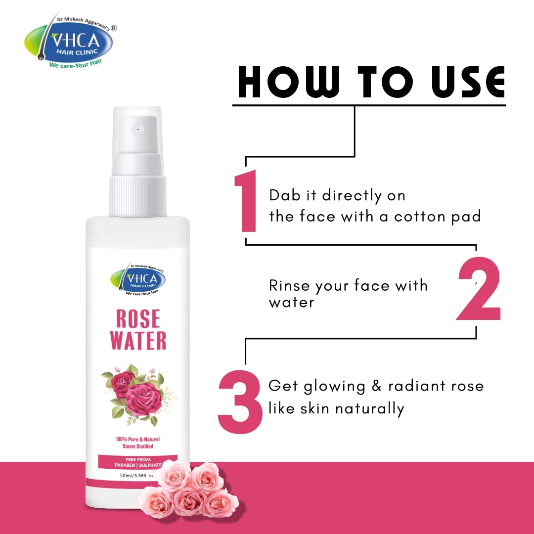 VHCA Pure Distilled Rose Water Facial Spray - Hydrating & Refreshing Toner for Oily, Dry & Normal Skin | Alcohol-Free Skin Care for Men & Women | 3-Pack (100ml Each) | Perfect for Daily Skincare, Makeup Setting & Summer Cooling