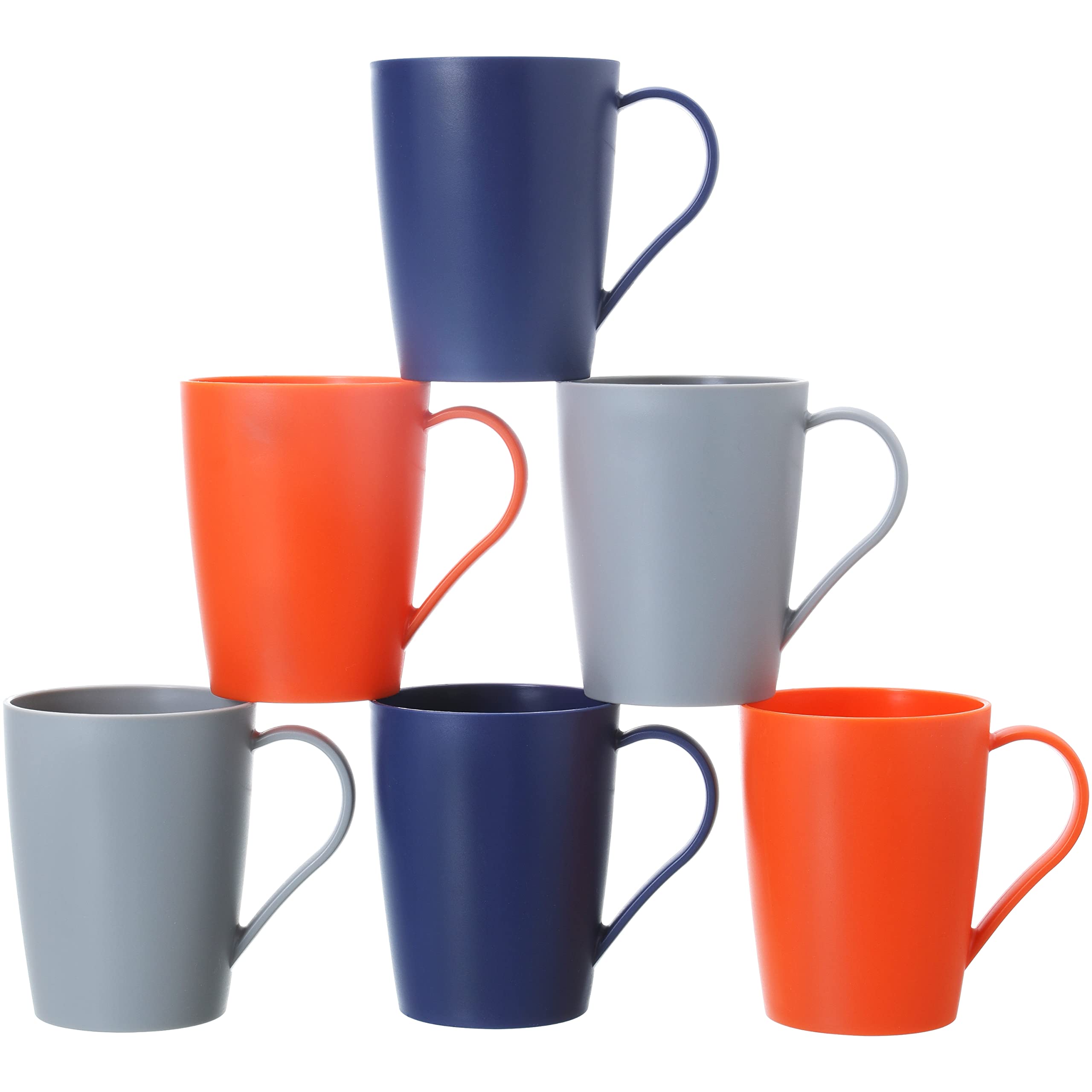 6-Pack Unbreakable Plastic Coffee Mugs with Handle - 12oz Dishwasher Safe Reusable Travel Cups for Home, Office & Camping - 3 Basic Colors (Black, White, Red) - Perfect for Hot/Cold Beverages