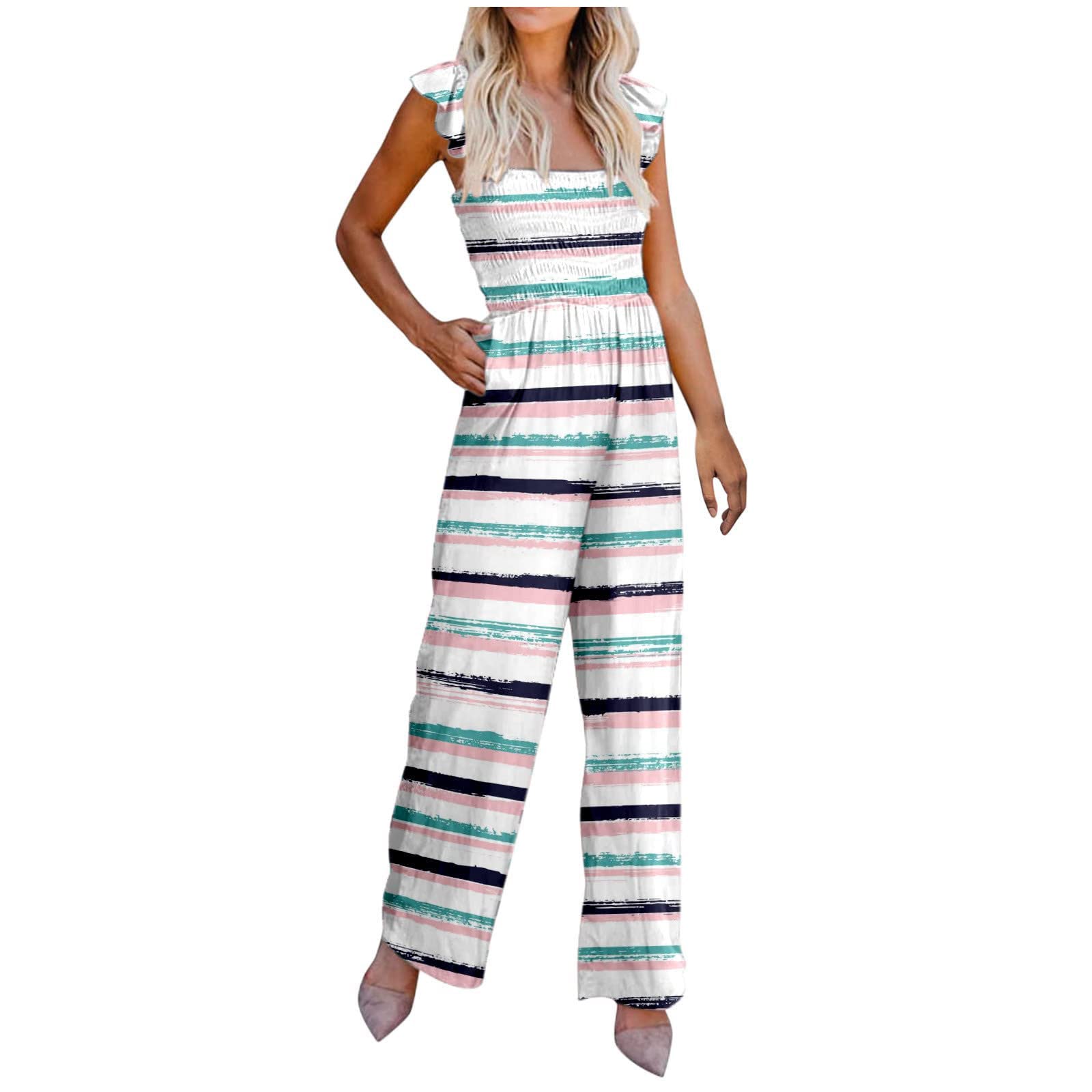 Elegant Striped Jumpsuit for Women - Square Neck Ruffled Sleeve Wide Leg Romper for Party & Office | Professional Women's Fashion Outfit for Work, Cocktail Events & Special Occasions