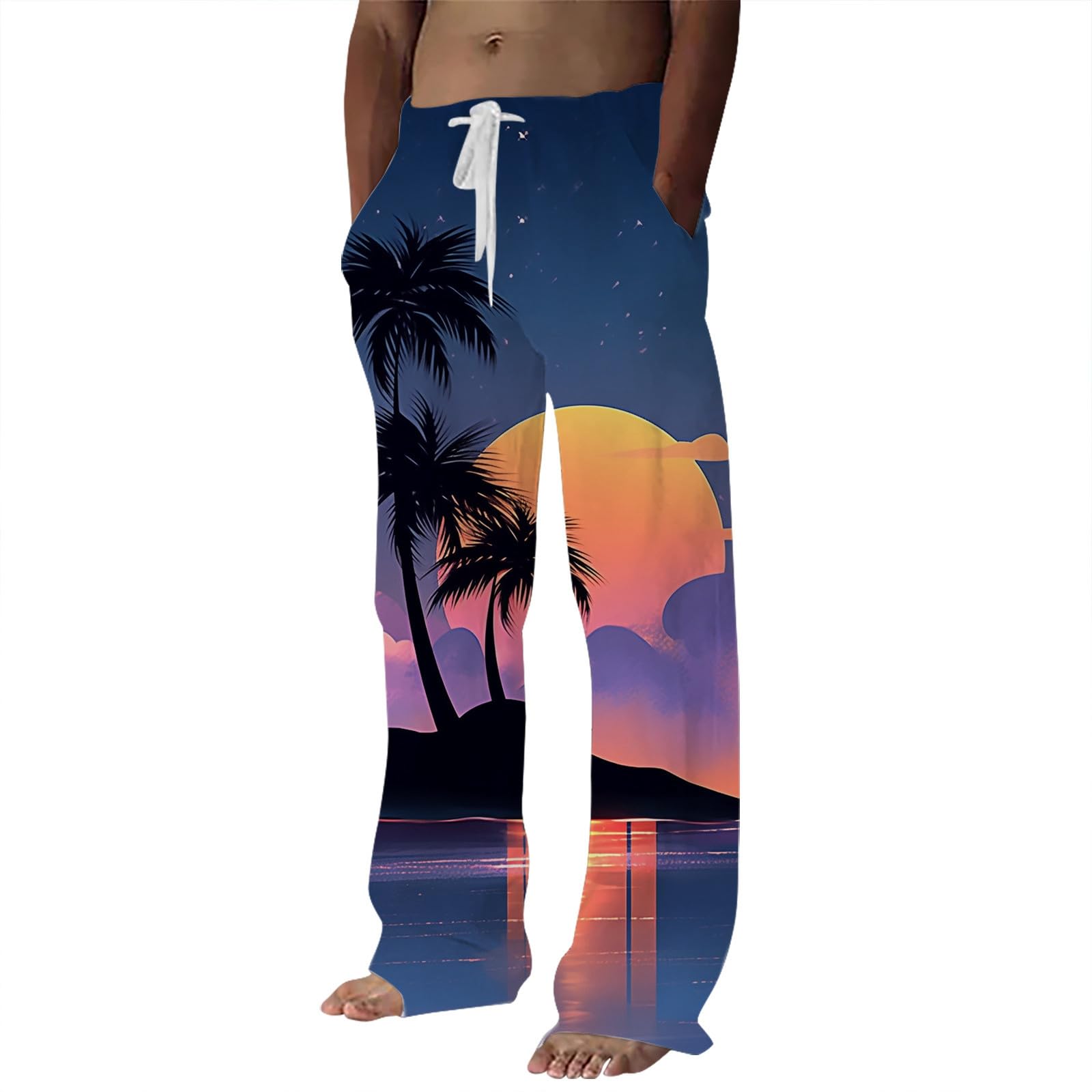 **Men's Linen Pants - Hawaiian Drawstring Elastic Waist Summer Yoga Beach Joggers | Casual & Comfortable for Travel, Lounge & Outdoor Activities**