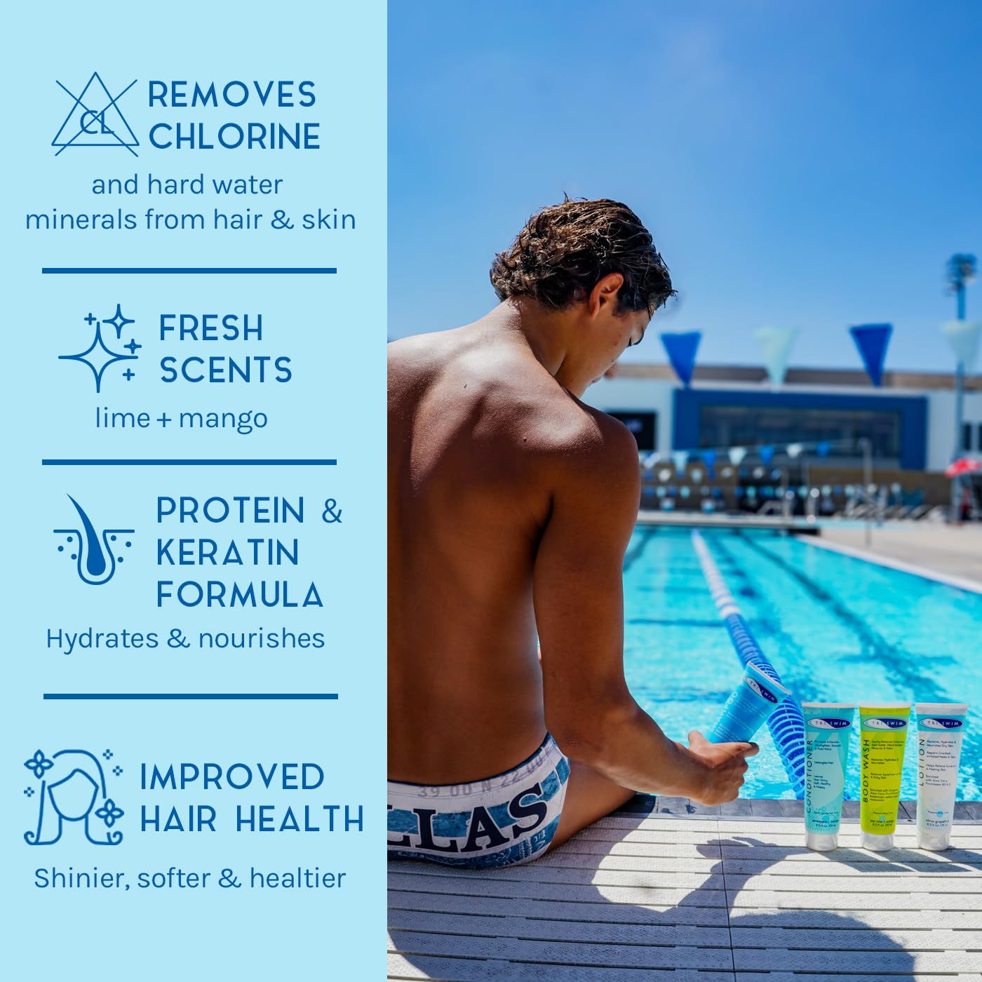 TRISWIM Chlorine Removal Body Wash & Swim Shampoo Set - 8.5 fl oz Each | Complete Swim Care Kit with Aloe Vera, Pro-Vitamin B5 & Chamomile | Hydrating Skin & Hair After Swimming | Post-Pool, Beach & Water Sports Use