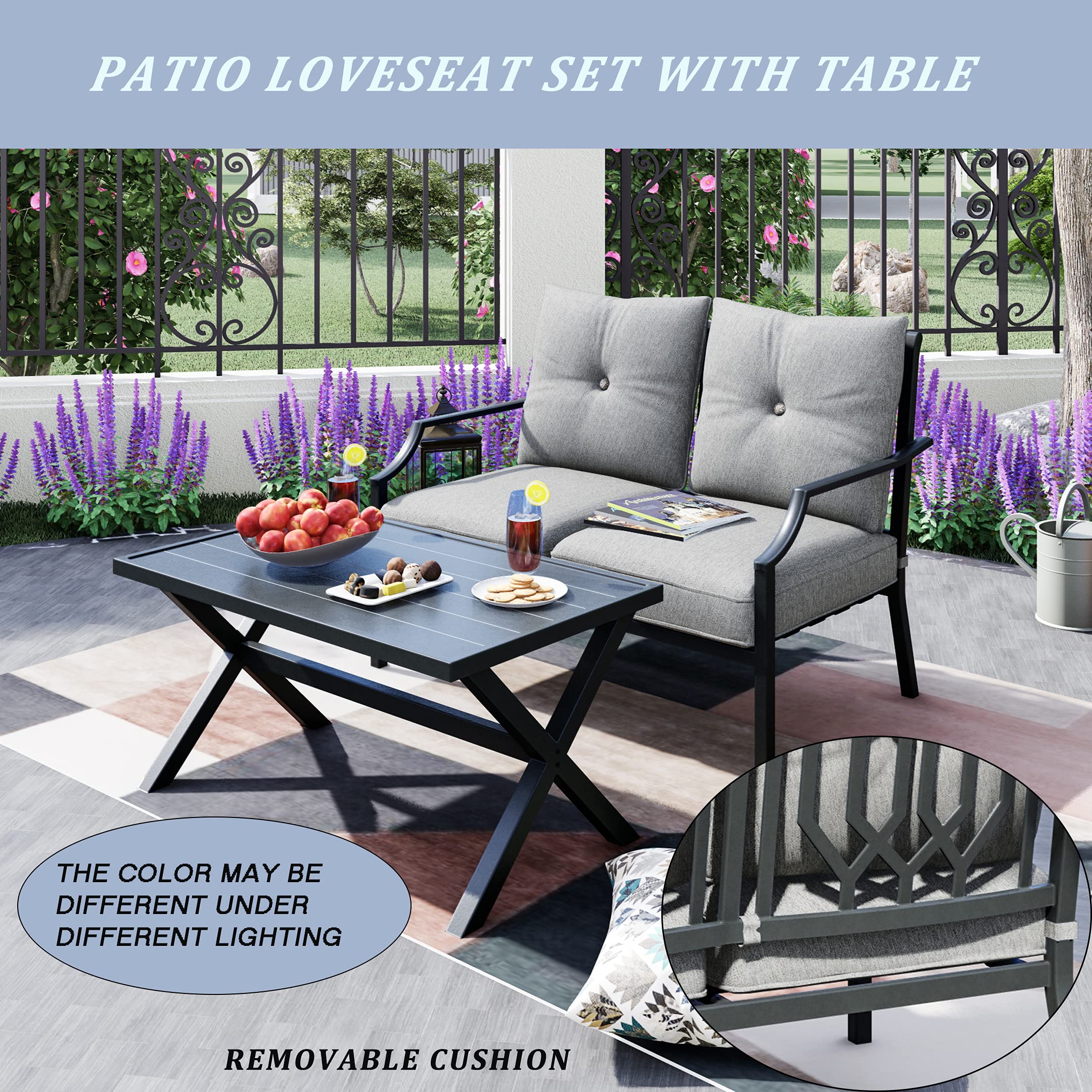 LOKATSE HOME Outdoor Loveseat and Coffee Table Set - 3-Piece Metal Patio Furniture with Cushions for Backyard, Poolside, Garden - Weather-Resistant Grey Conversation Set (Perfect for Relaxing, Entertaining Guests, and Outdoor Dining)