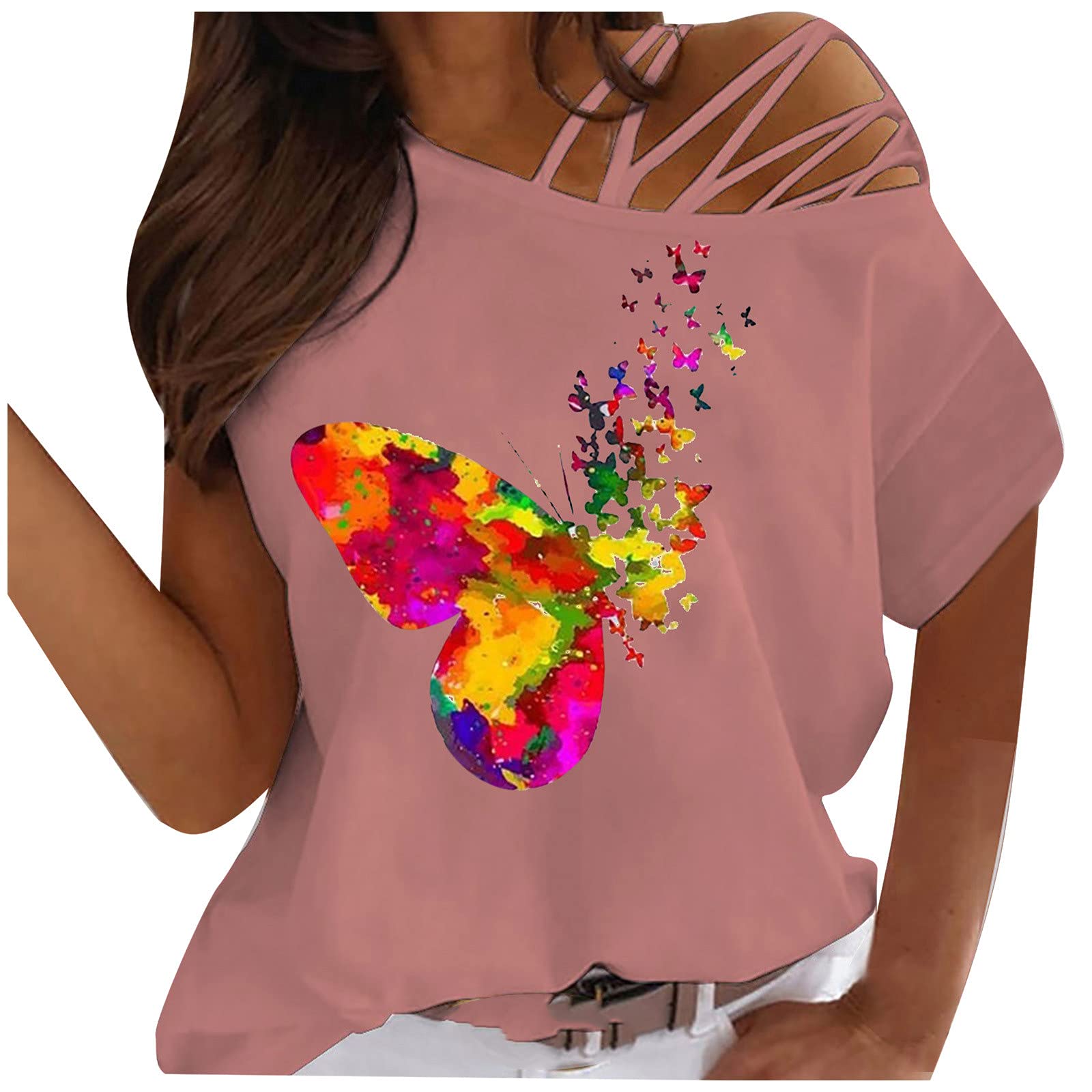 Women's Casual Summer Off Shoulder Strappy T-Shirt - Short Sleeve Blouse for Beach, Vacation & Everyday Wear