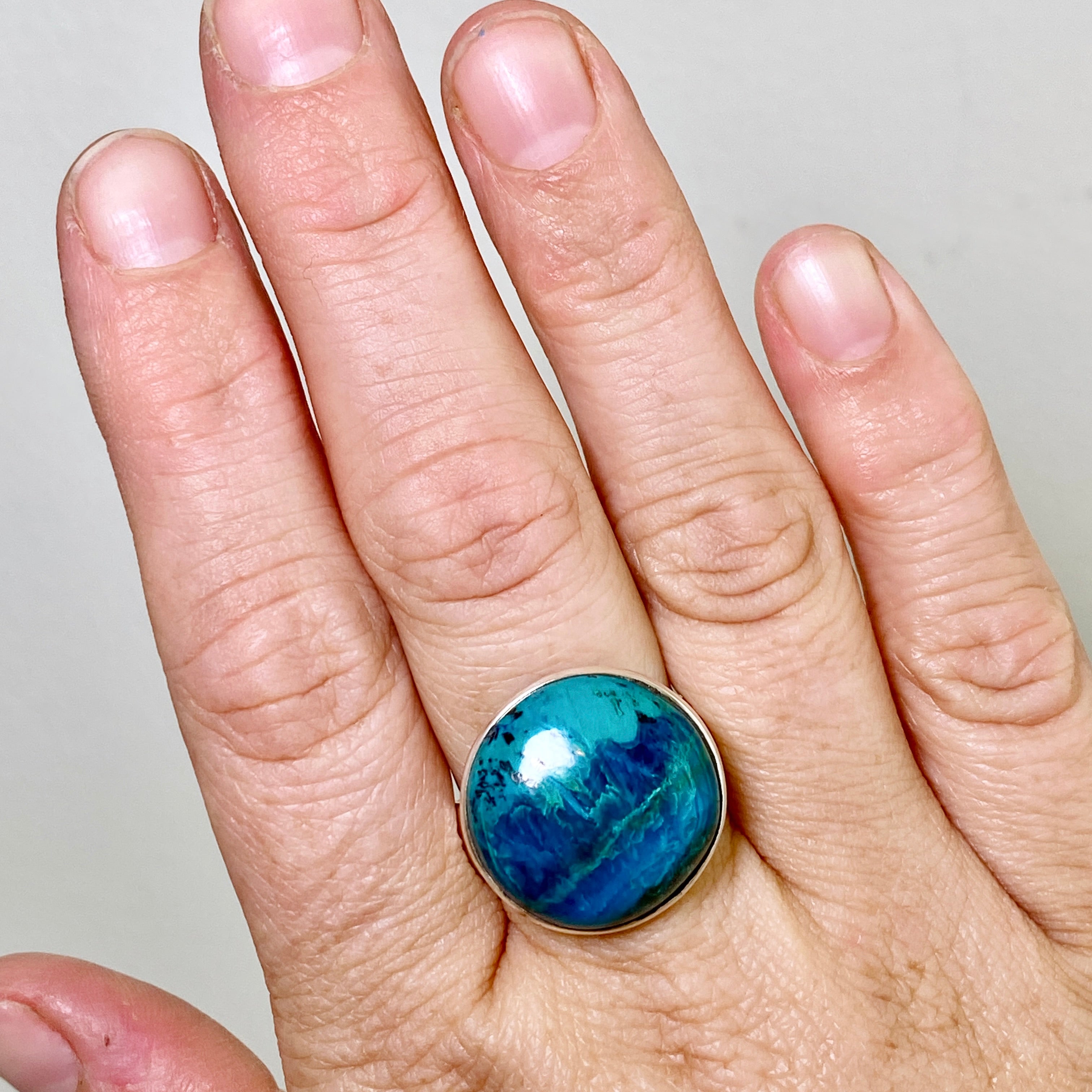 Shattuckite Round Cabochon Ring - Size 10.5 - Natural Stone Jewelry - Handmade Boho Ring for Women - Perfect for Spiritual Healing & Meditation Accessories