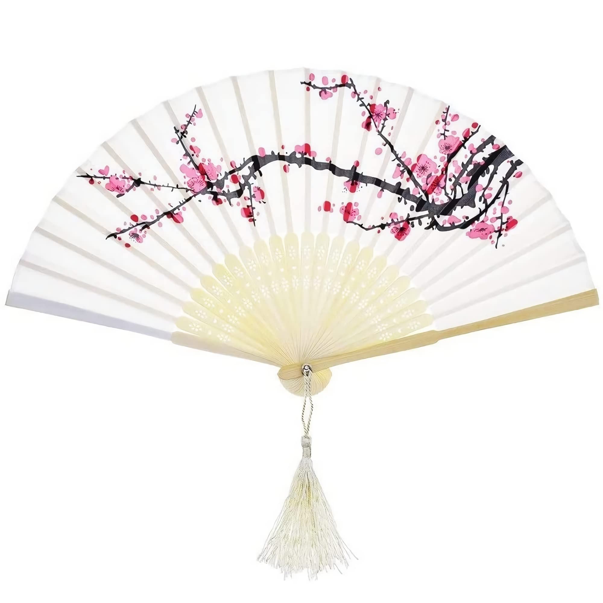 Chinese Style Folding Hand Fan - Beautiful Plum Blossom Printed Bamboo Handheld Fan with Tassel, 8.3 Inch Elegant Home Decor & Wedding Accessory | Perfect for Asian Weddings, Tea Ceremonies, Home Decoration and Summer Cooling