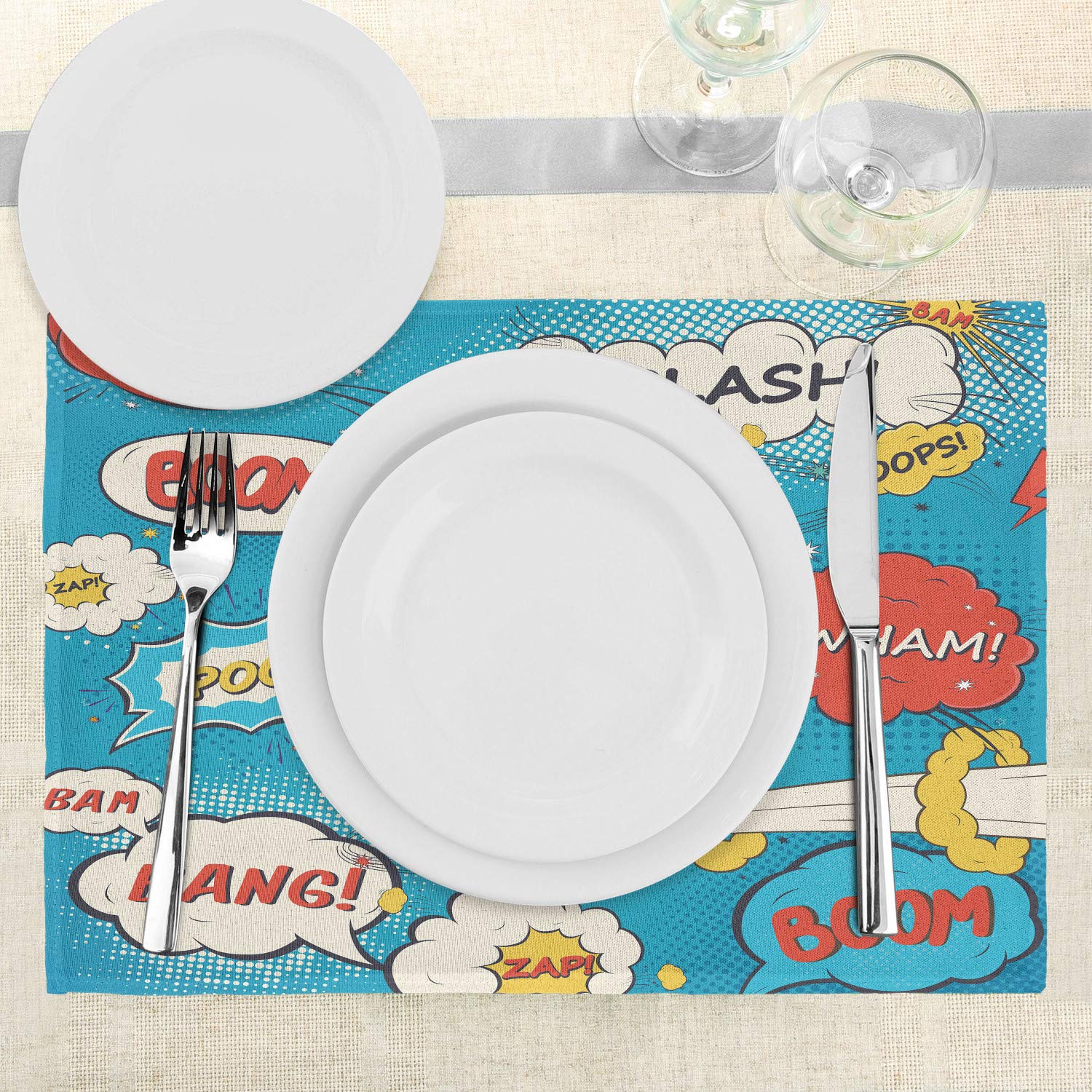 Lunarable Superhero Place Mats Set of 4 - Pop Art Style Comic Speech Bubbles with Funny Humor Expressions (Boom, Splash, Bang) | Washable Fabric Dining Table Placemats | Standard Size (Cream & Blue) | Perfect for Superhero-Themed Parties, Comic Book Lovers, and Fun Family Meals