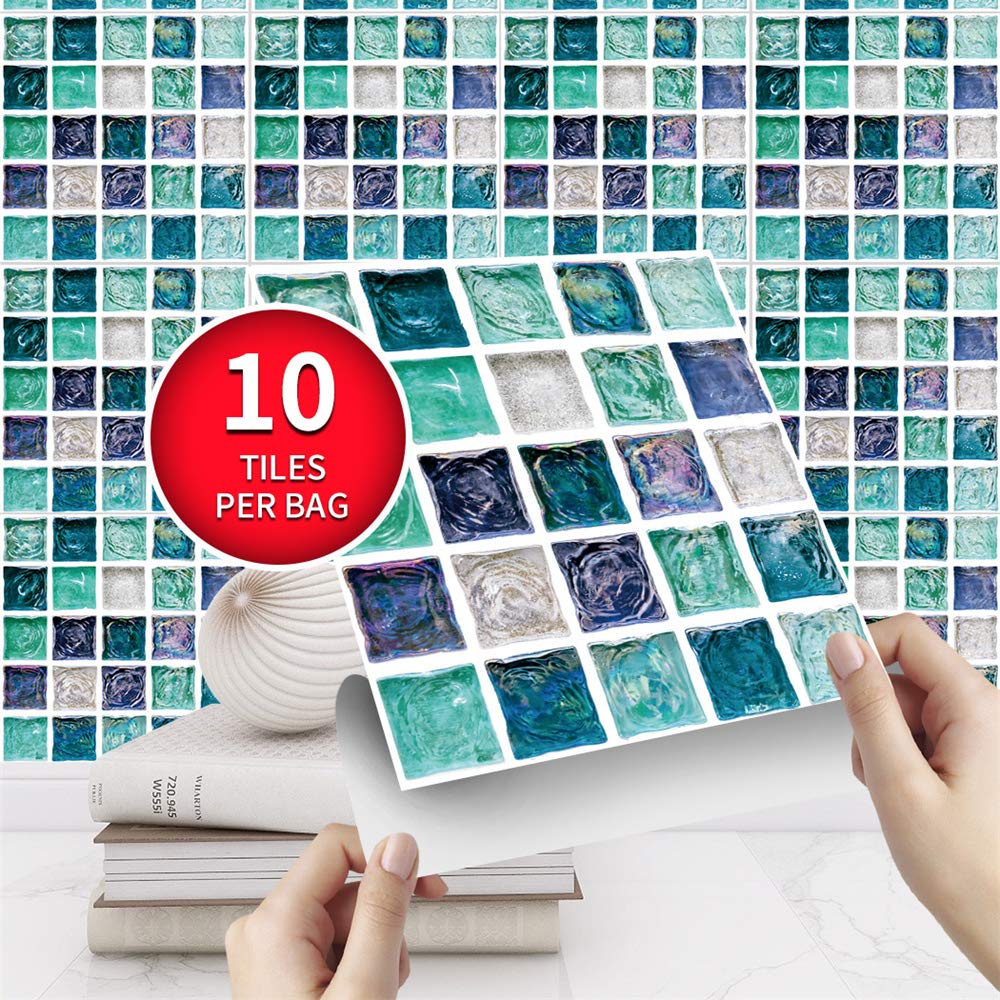 10 Pack Waterproof Removable Mosaic Tile Stickers - Peel and Stick Wall Decals for Kitchen, Bathroom, Bedroom Floor - DIY Home Decor & Easy Surface Upgrade (Style SJ046)