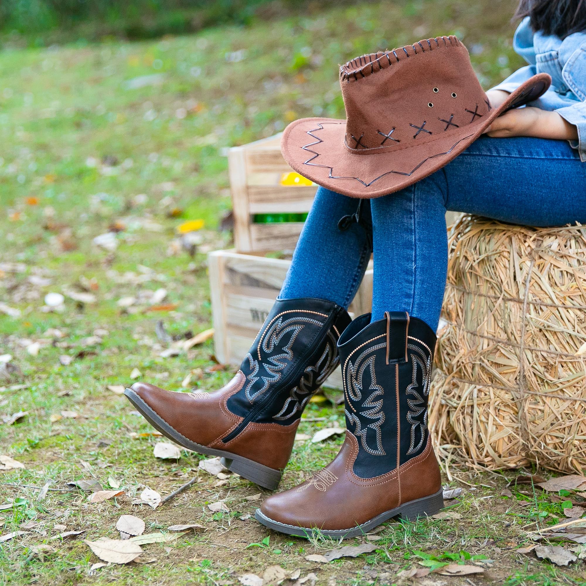 Blikcon Kids Cowboy Boots for Boys & Girls - Embroidered Square Toe Western Rodeo Boots with Side Zipper | Toddler, Little Kid & Big Kid Sizes | Perfect for Rodeo, Cowboy Parties & Western Fashion