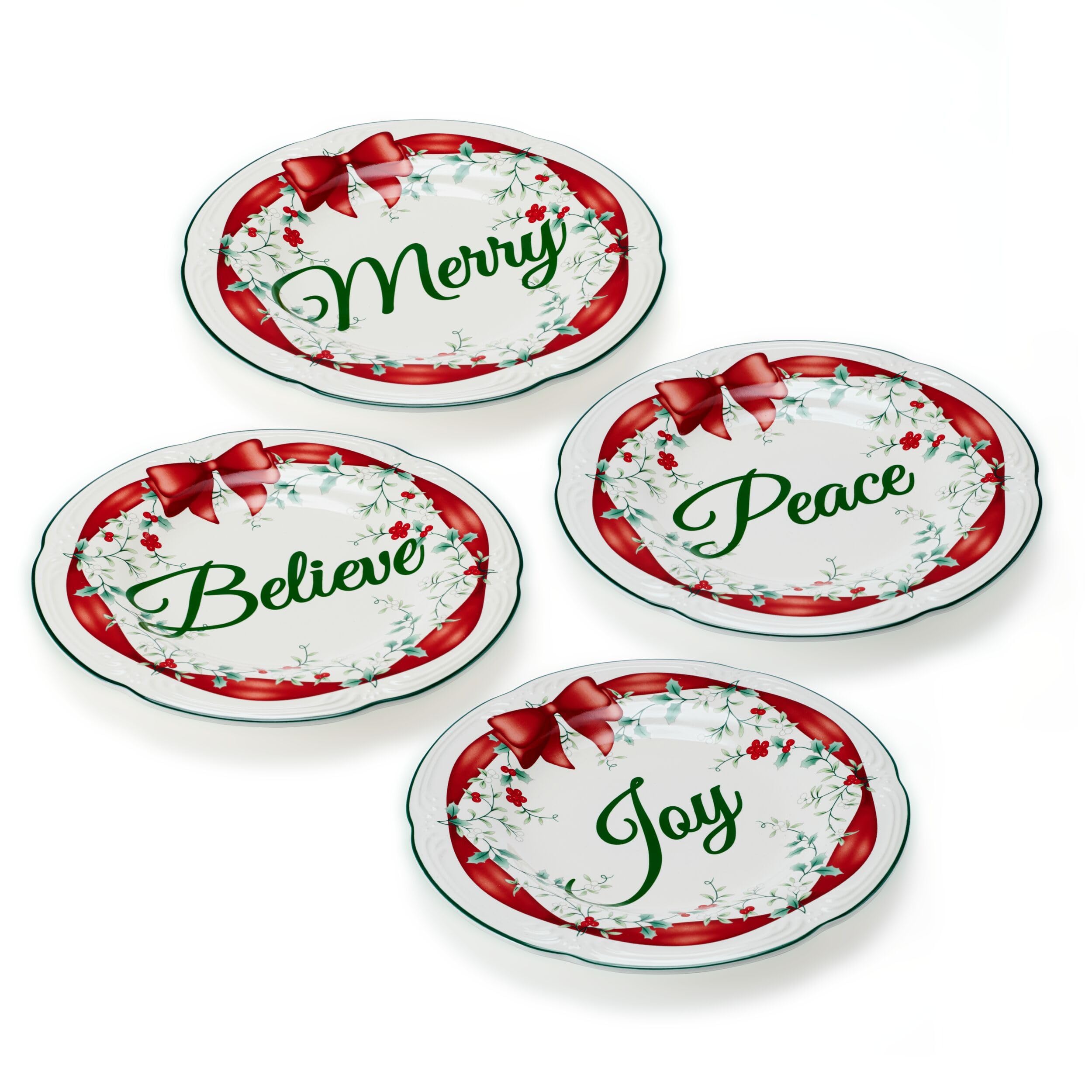 Pfaltzgraff Winterberry Red Ribbon Salad Plates Set of 4 - Elegant Dinnerware for Holiday Entertaining & Christmas Table Decor