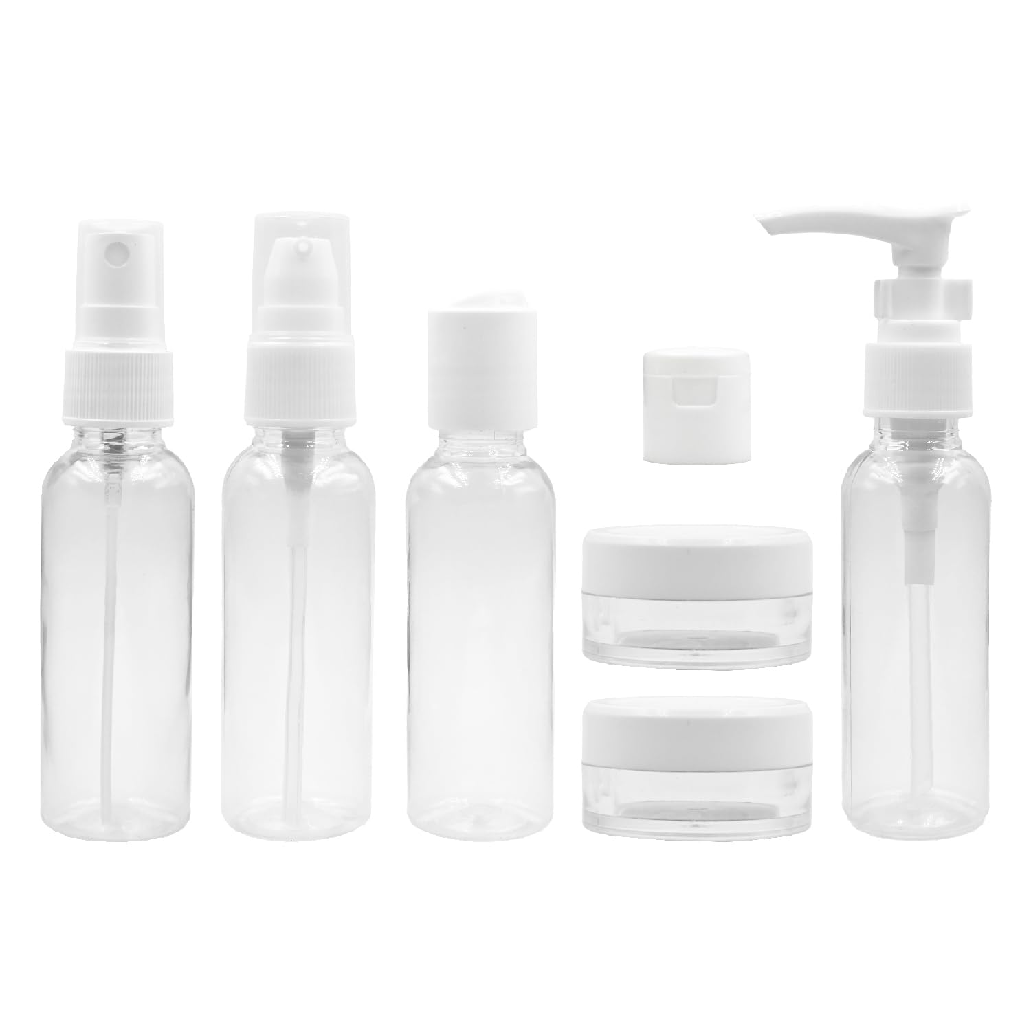 Happy Packaging 7-Piece Travel Bottles Kit - Leak Proof Refillable Toiletry Containers Set for Shampoo, Lotion, Cream & Mist Spray | Portable Cosmetic Jars for Airplane, Gym & Vacation (4 Bottles, White)