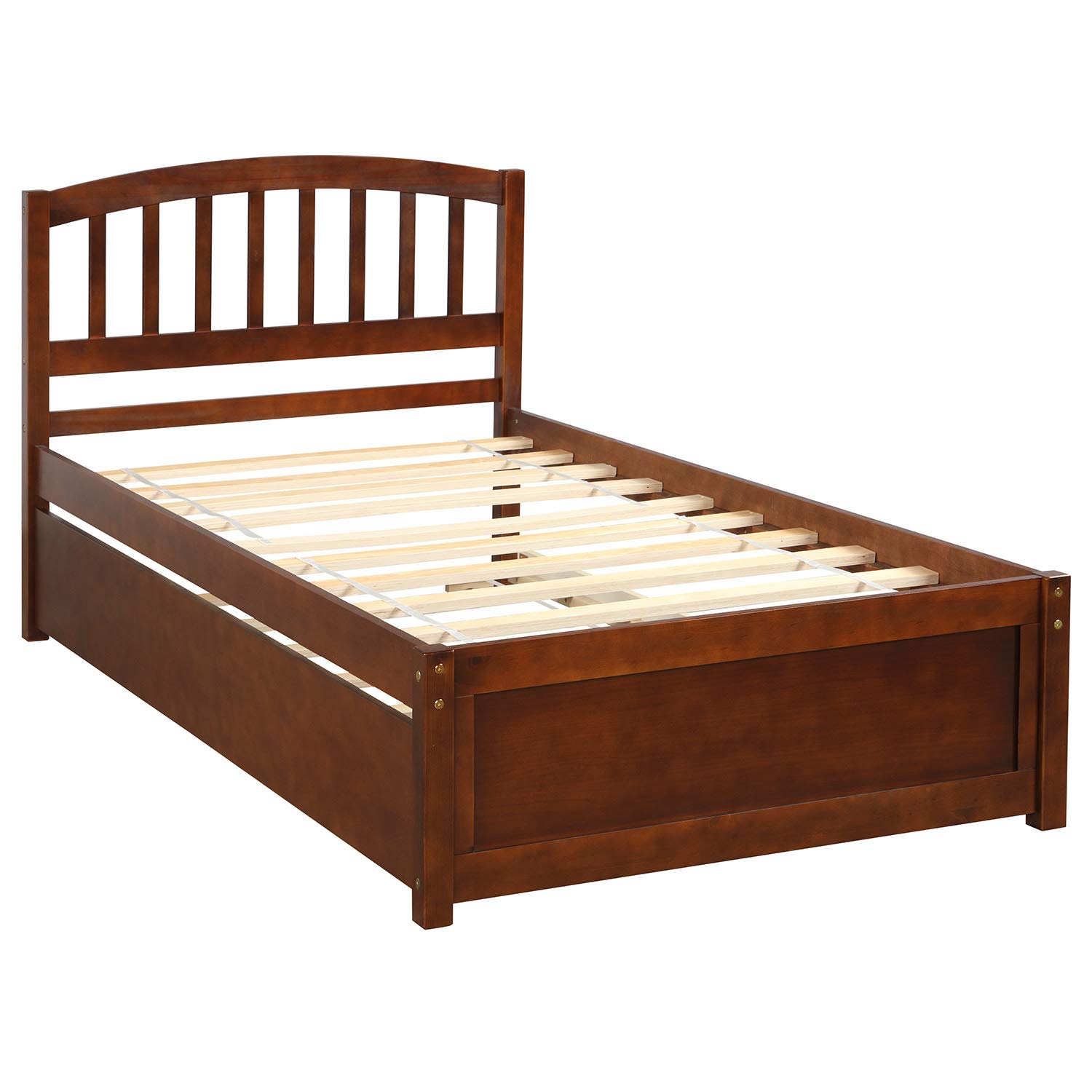 KLMM Twin Size Solid Wood Platform Bed with Trundle & Headboard - Wooden Slat Support, No Box Spring Needed, Easy Assembly (Walnut Finish) - Perfect for Kids' Rooms, Guest Bedrooms & Small Spaces