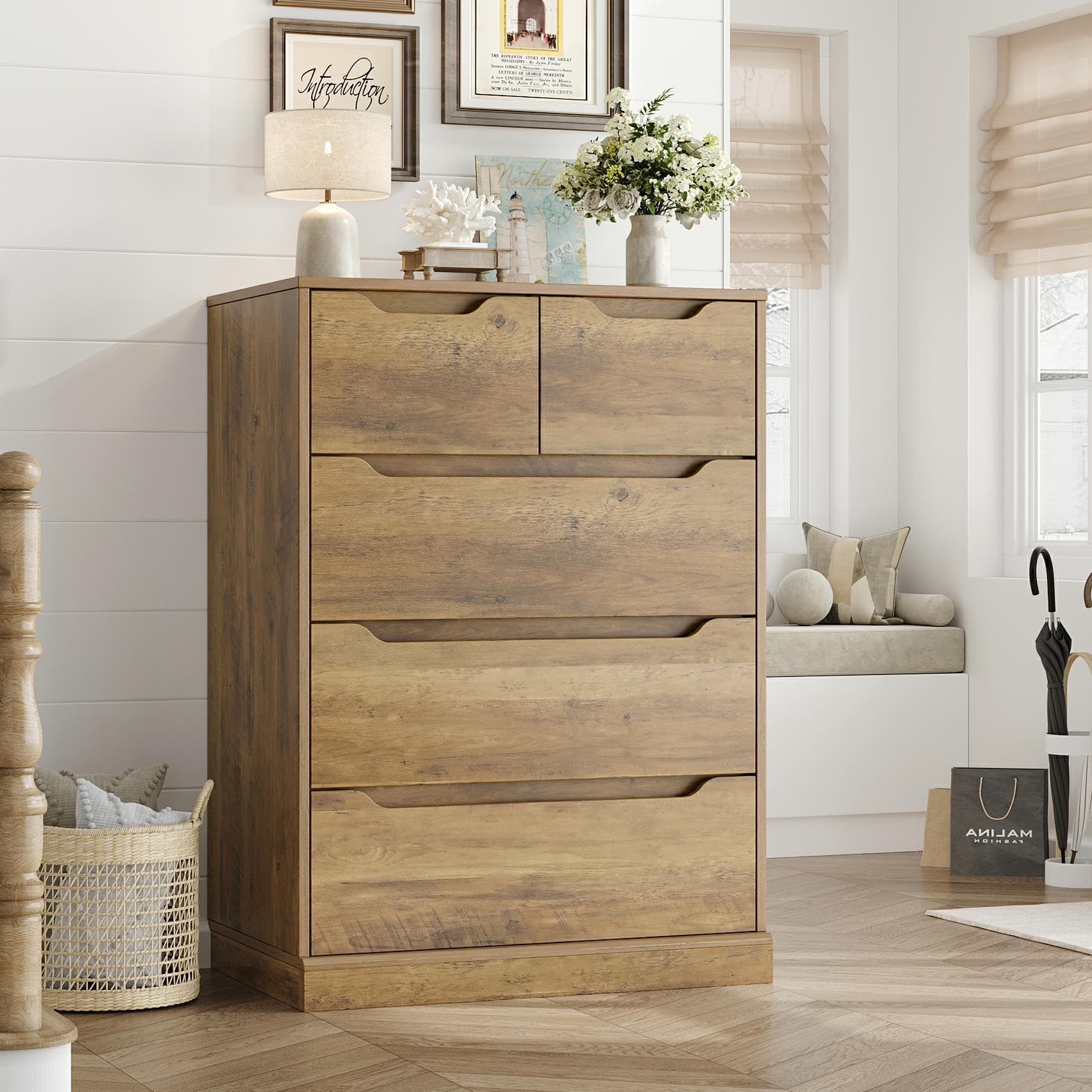 HOSTACK Modern 5-Drawer Wooden Dresser with Storage - Rustic Brown Chest of Drawers for Bedroom, Living Room, Entryway & Hallway - Space-Saving Storage Cabinet with Cut-Out Handles for Clothes, Linens & Home Organization