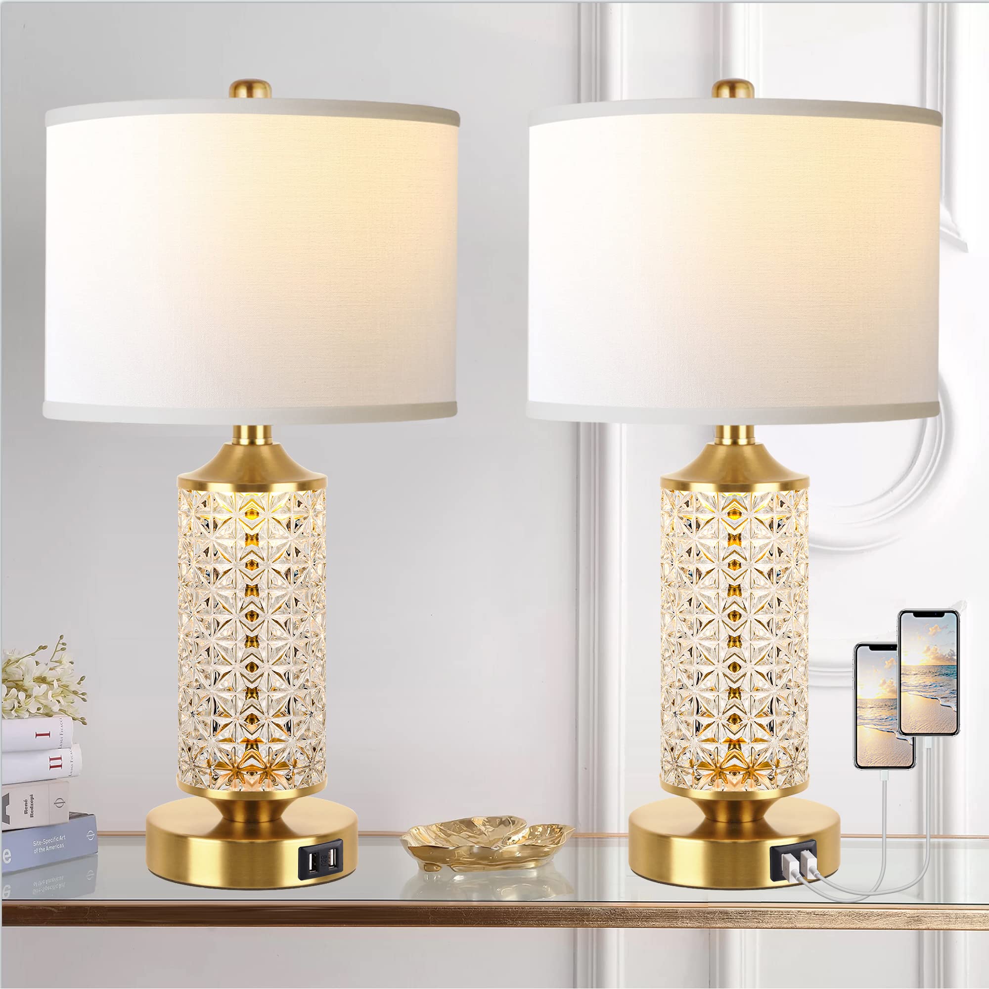 QiMH Set of 2 Modern USB Table Lamps with LED Night Light - Gold Bedside Lamps for Bedroom, Nightstand & Office - Includes 2 Bulbs - Perfect for Reading, Working & Creating Cozy Atmosphere