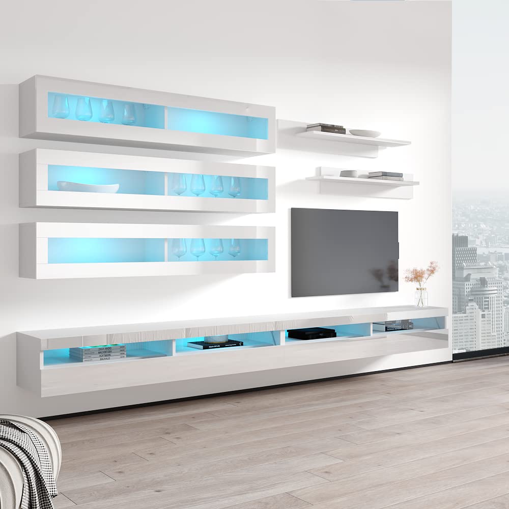 Modern White Wall-Mounted TV Stand with Storage Shelves & LED Lights - Floating Entertainment Center Console for Bedroom & Living Room - Perfect for Small Spaces & Home Theater Setup - Meble Furniture Fly J2 35TV Stand