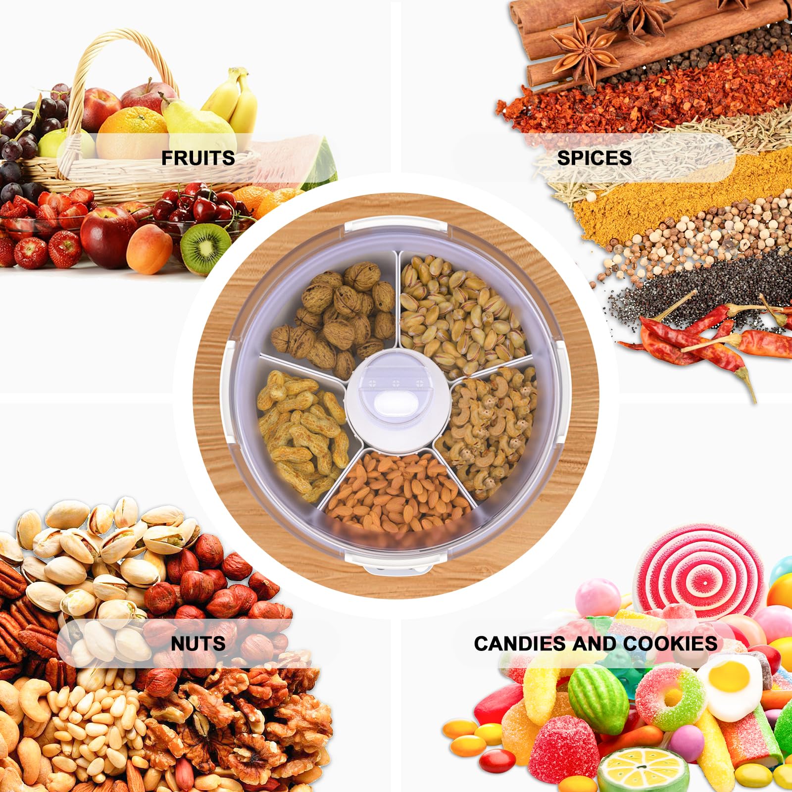 TIANG 11-Inch Electric Vacuum Sealed Divider Tray - Reusable Food Storage Container for Nuts, Dried Fruits, Snacks & Vegetables | Airtight & Oxidation Resistant | Perfect for Picnics, Parties & Meal Prep Organization