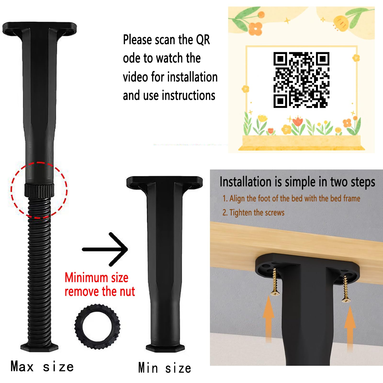 Durable Adjustable Bed Frame Legs 4-Pack - 6