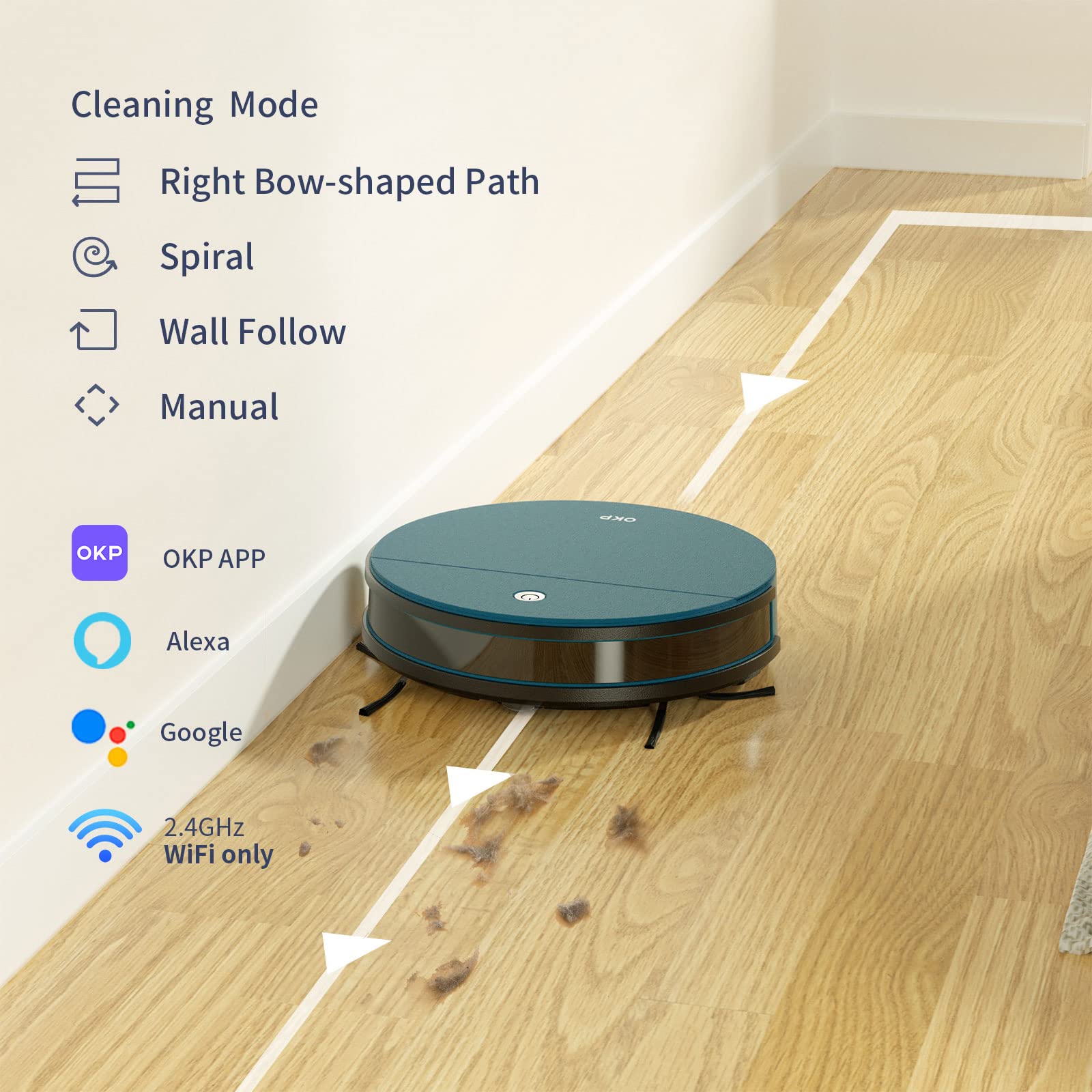 OKP K3P Robot Vacuum Cleaner 3000Pa Strong Suction - Smart WiFi/APP/Alexa Control - 150 Min Runtime - Auto Recharge - Ultra Quiet - Ideal for Pet Hair, Hardwood Floors & Carpets (Blue) - Perfect for Daily Home Cleaning & Pet Owners
