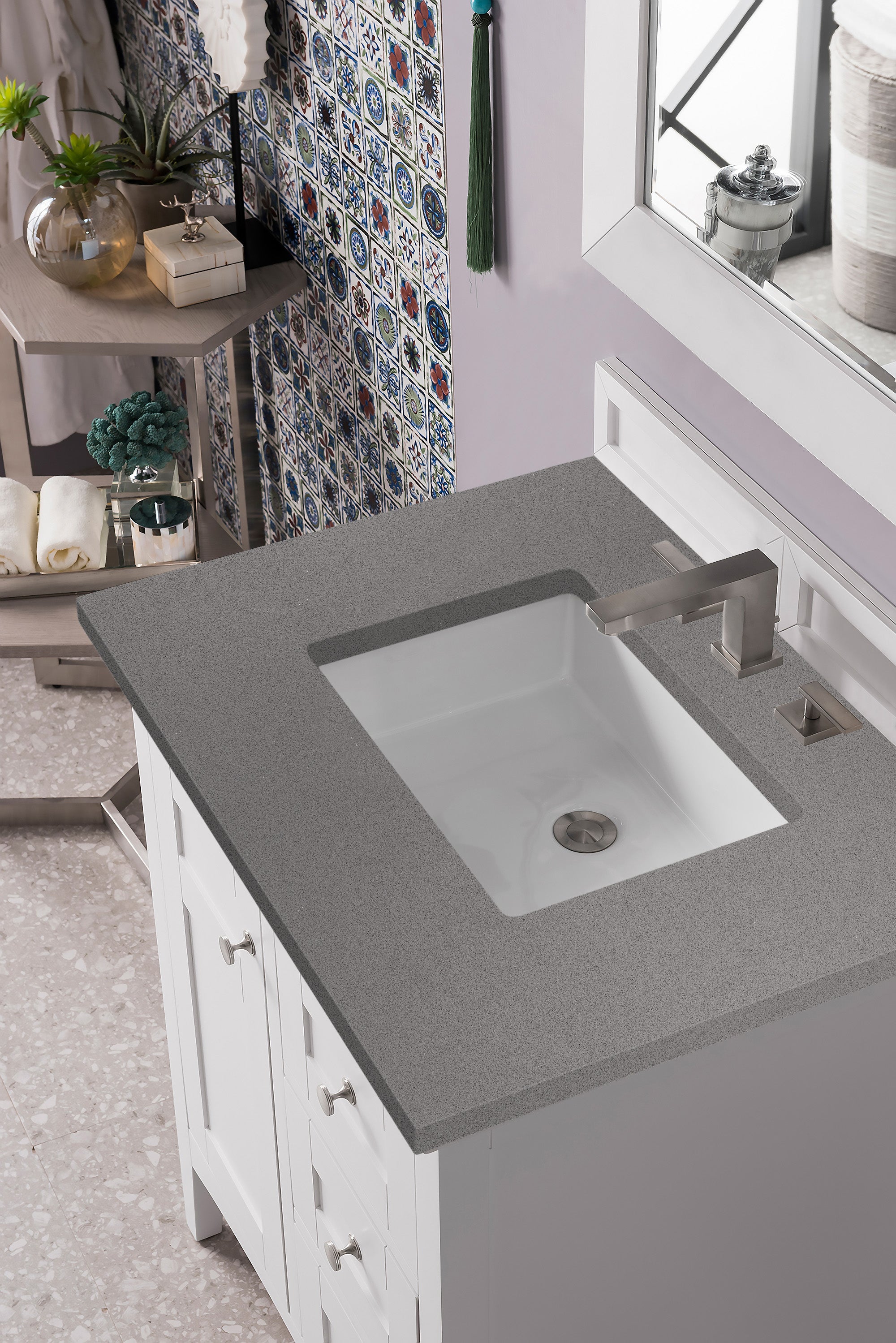 Palisades 30 Inch Single Bathroom Vanity Set with Bright White Finish & 3CM Grey Expo Quartz Countertop - Perfect for Modern Home Bathroom Renovation and Small Space Design