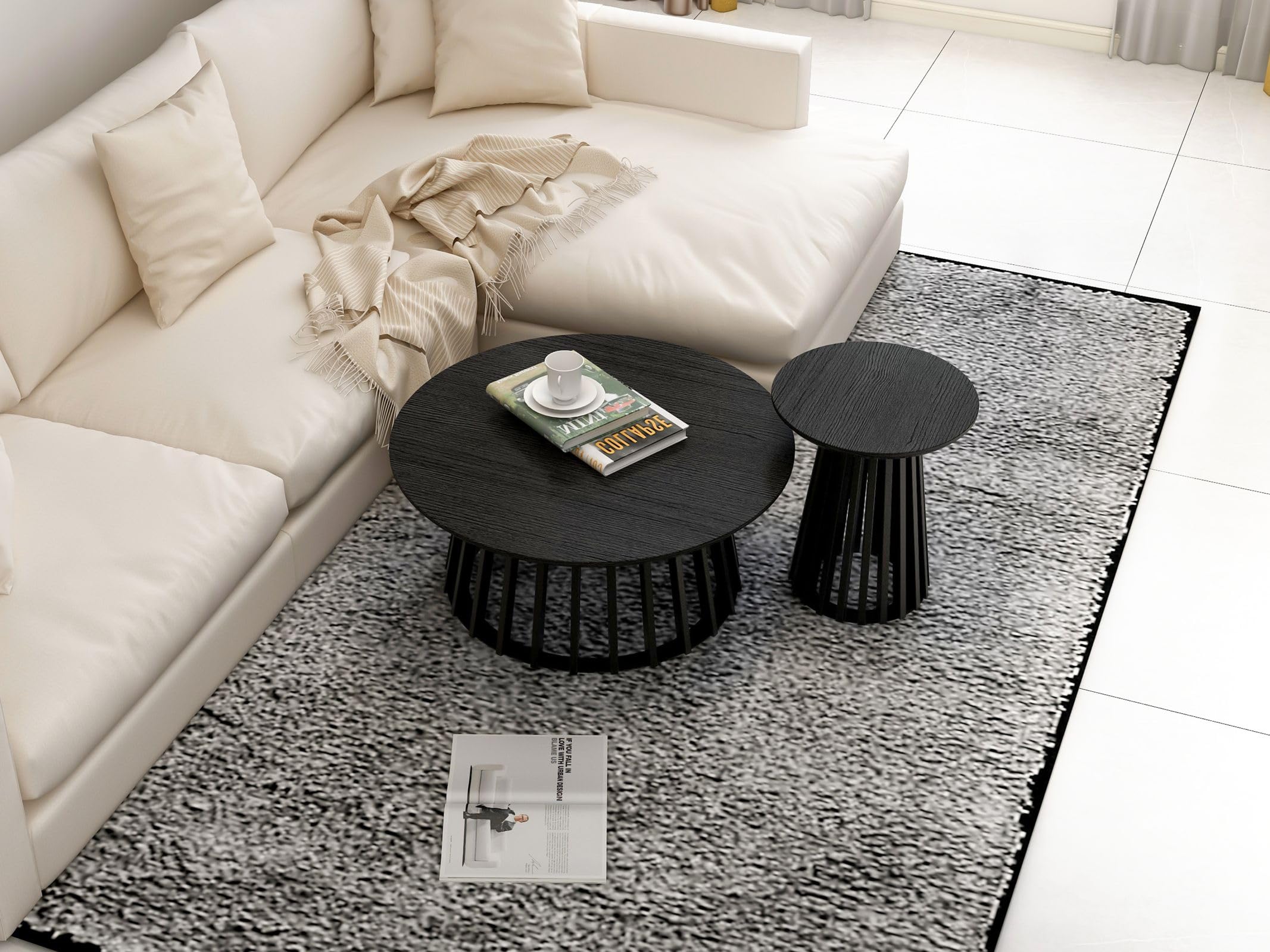 Modern Round Wood Coffee Table & Nesting End Table Set of 2 - Farmhouse Style Circle Side Tables for Small Spaces - Perfect for Living Room, Apartment, Bedroom (Black) | Compact Furniture Solution for Cozy Home Decor & Space-Saving Needs