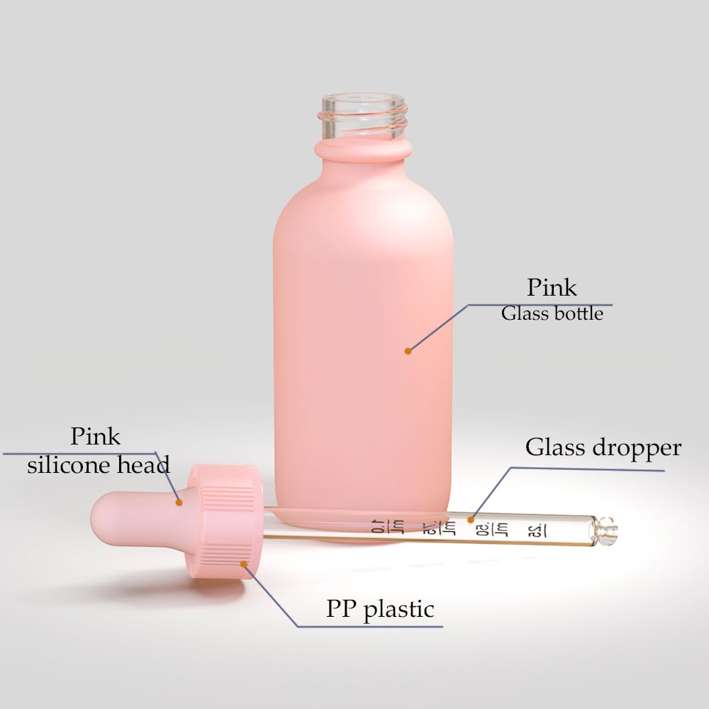 2 oz (60ML) Pink Glass Dropper Bottles with Glass Eye Dropper - UV Resistant Essential Oil Bottles for Aromatherapy, DIY Skincare & Perfume Making (Pack of 12) - Perfect for Home Spa, Travel & Gift Giving