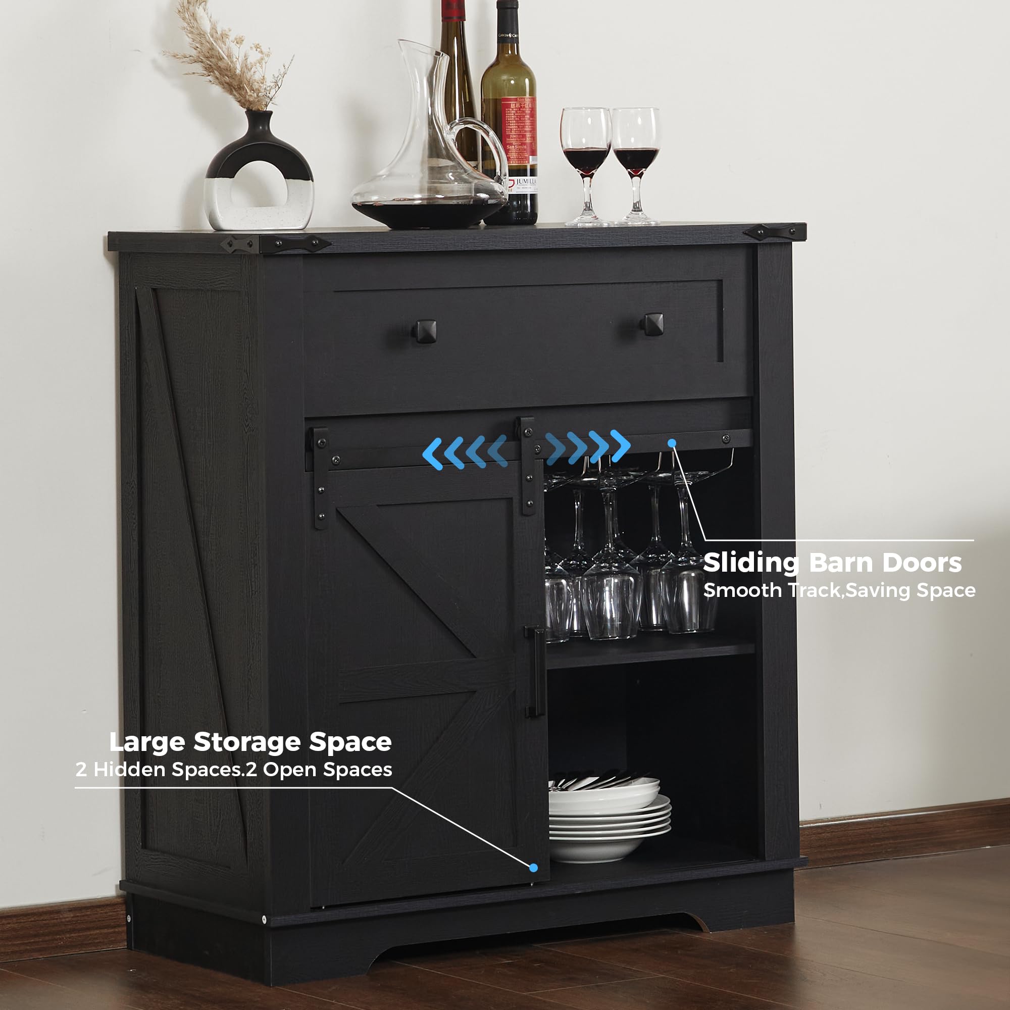 Farmhouse Buffet Cabinet with Storage - Coffee Bar Sideboard with Goblet Holder, Drawers & Barn Doors - Perfect for Kitchen, Dining Room & Living Room Decor - Black Rustic Storage Cabinet for Wine Glasses, Dishes & Entertaining Essentials
