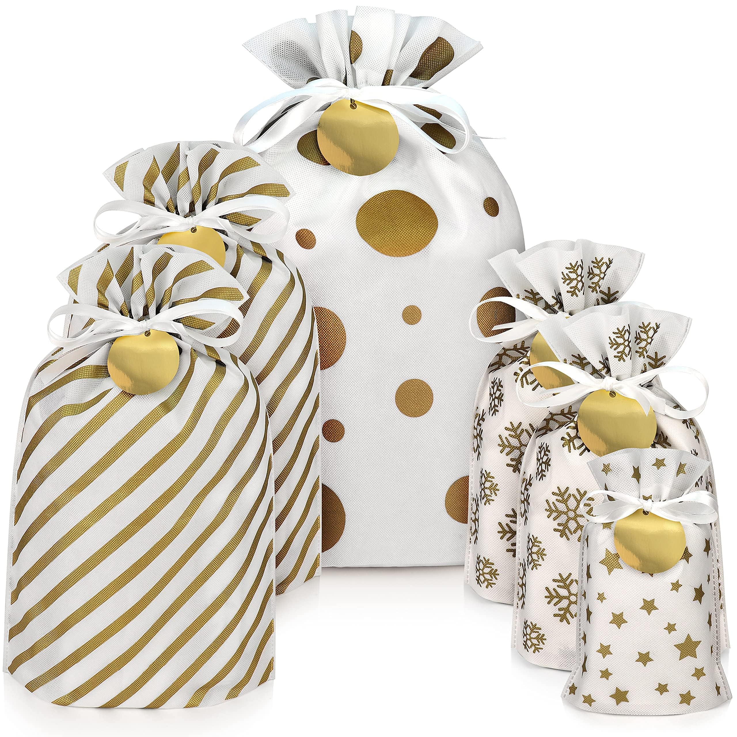 6-Piece Reusable Christmas Fabric Gift Bags with Drawstring - Large Holiday Present Wrapping Bags in Gold (Assorted Sizes) - Perfect for Holiday Gifts, Party Favors & Stocking Stuffers