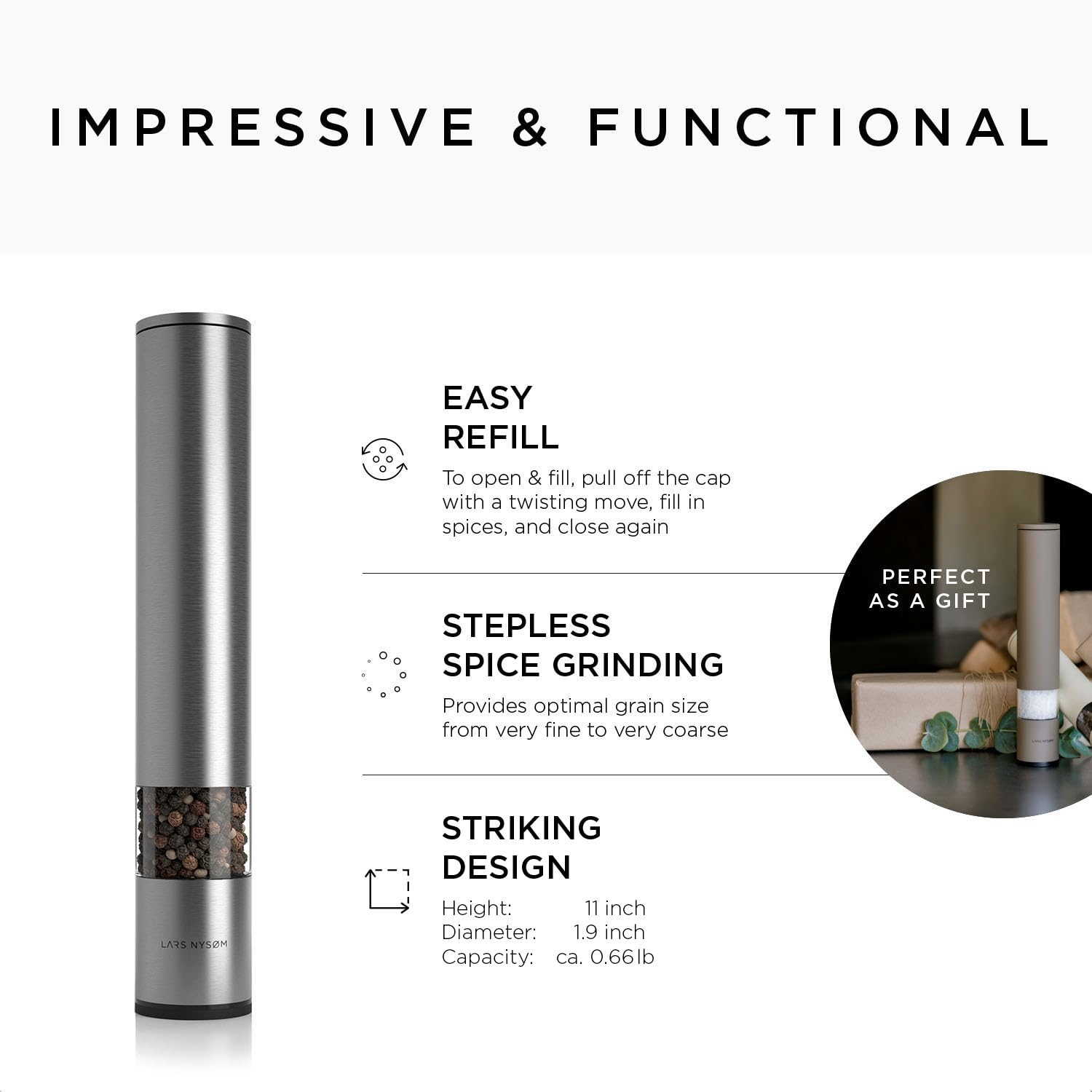 Premium Stainless Steel Salt and Pepper Grinder Set - Adjustable Ceramic Mill for Coarse to Fine Seasoning - Manual Spice Grinder for Kitchen, Dining Table & Outdoor BBQ - LARS NYSØM Design