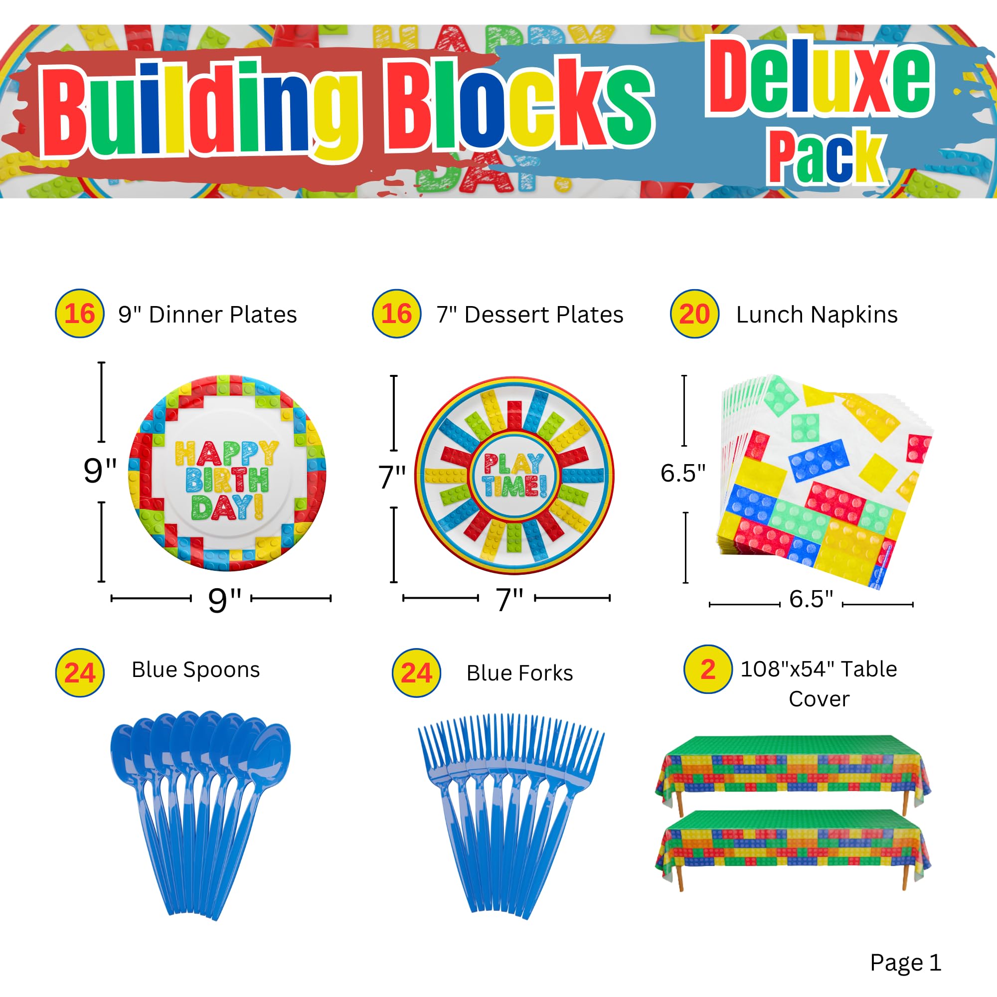 Building Block Deluxe Party Supplies Pack (137 Pieces for 16 Guests) - Brick Themed Party Decorations, Gamer Birthday Party Kit, Minecraft Inspired Blocks, Kids Construction Birthday Decor - Perfect for Lego Parties, Baby Showers & Classroom Activities
