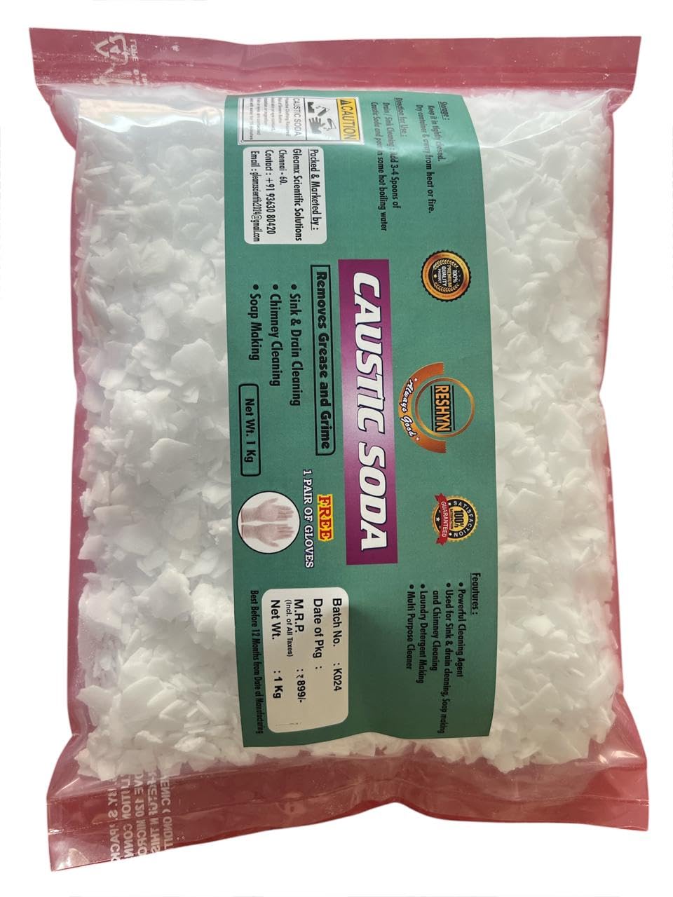 RESHYN Caustic Soda 1kg (2.2lb) - Heavy Duty Drain Cleaner & Grease Remover for Kitchen Sink, Pipes, Chimney | Multi-Purpose Cleaner for Iron, Aluminum, Dosa Tawa | Includes Free Gloves | Ideal for Soap Making, Hotel & Home Cleaning