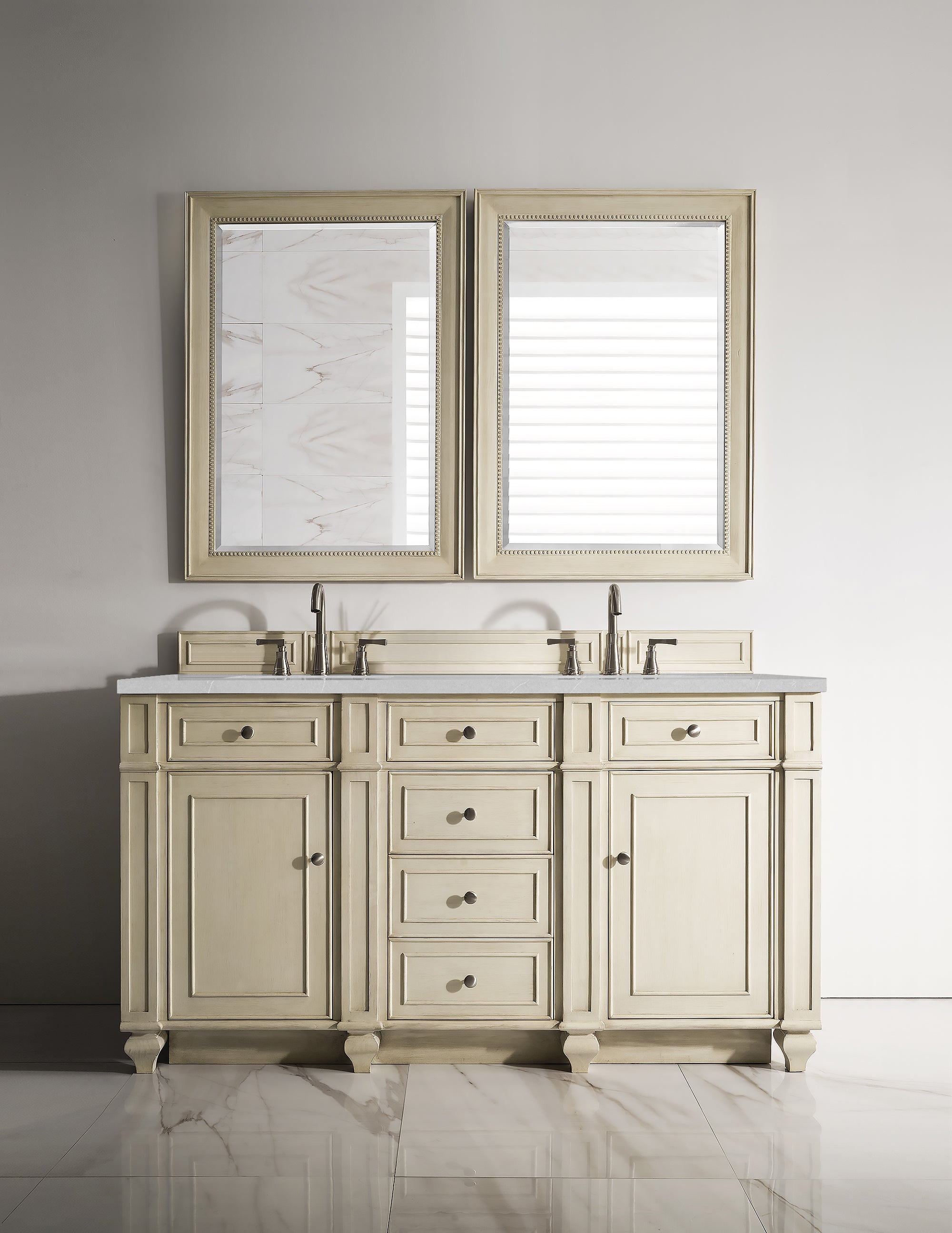 Bristol 60 Inch Double Bathroom Vanity in Vintage Vanilla with 3CM Eternal Serena Quartz Countertop - Perfect for Master Bathroom Renovation and Luxury Home Upgrade