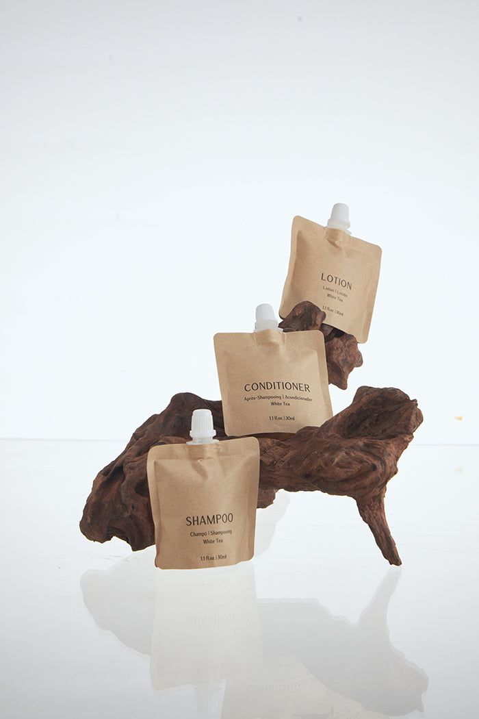 BIOCORN 100 / 200 Pack Eco-Friendly Shampoo Travel Size (1.1oz/30ml) - Recyclable Kraft Paper Pouch Bags for Hotels, Gyms, Salons & Sample Giveaways