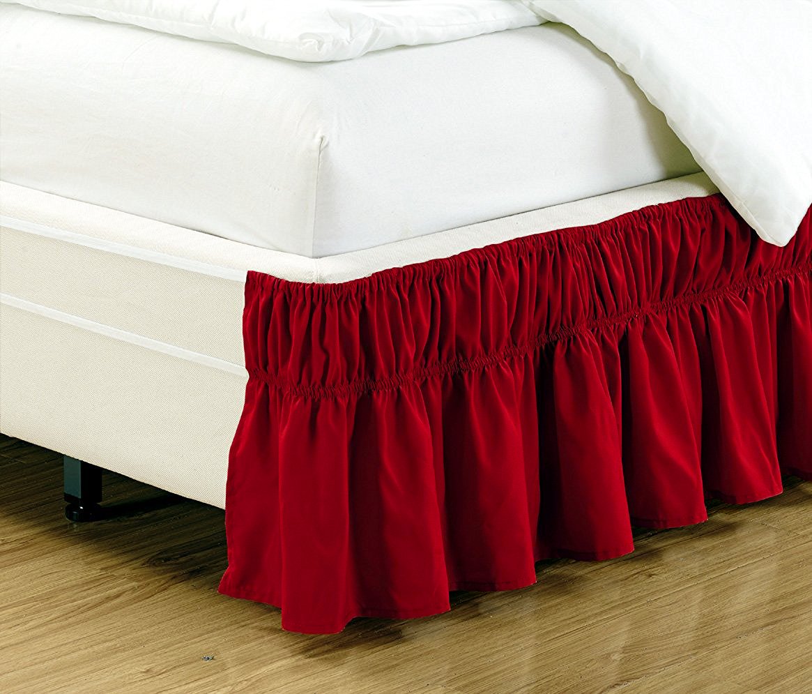 Queen & King Size Elastic Wrap Around Bed Skirt - 17 Inch Drop Easy Fit Solid Red Dust Ruffle | Perfect for Platform Beds, Box Springs & Guest Room Decor