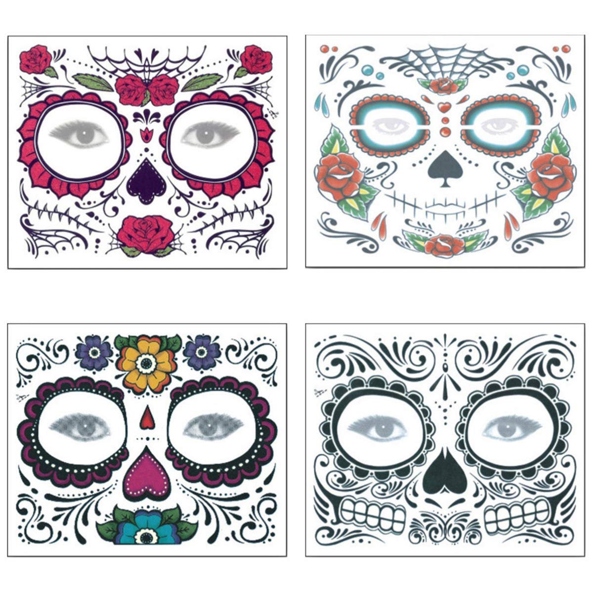 STOBOK 16 Sheets Halloween Face Stickers - Day of The Dead Sugar Skull Temporary Tattoos for Halloween Makeup & Costume Parties - Perfect for Halloween, Dia de Los Muertos, and Cosplay Events