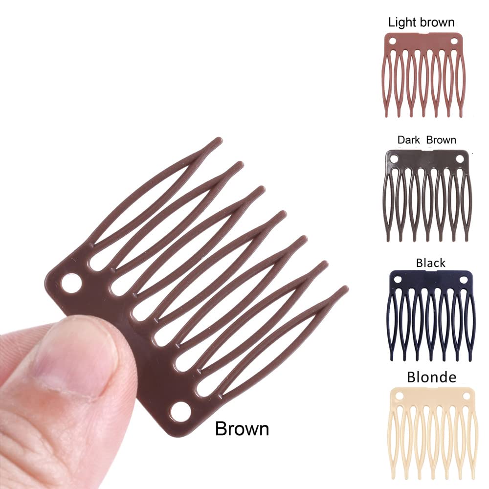 50 PCS Brown Plastic Wig Combs - 7 Teeth Hair Styling Tools for Wig Making, Hair Extensions & Cosplay Accessories (Perfect for Salon, DIY & Costume Use)