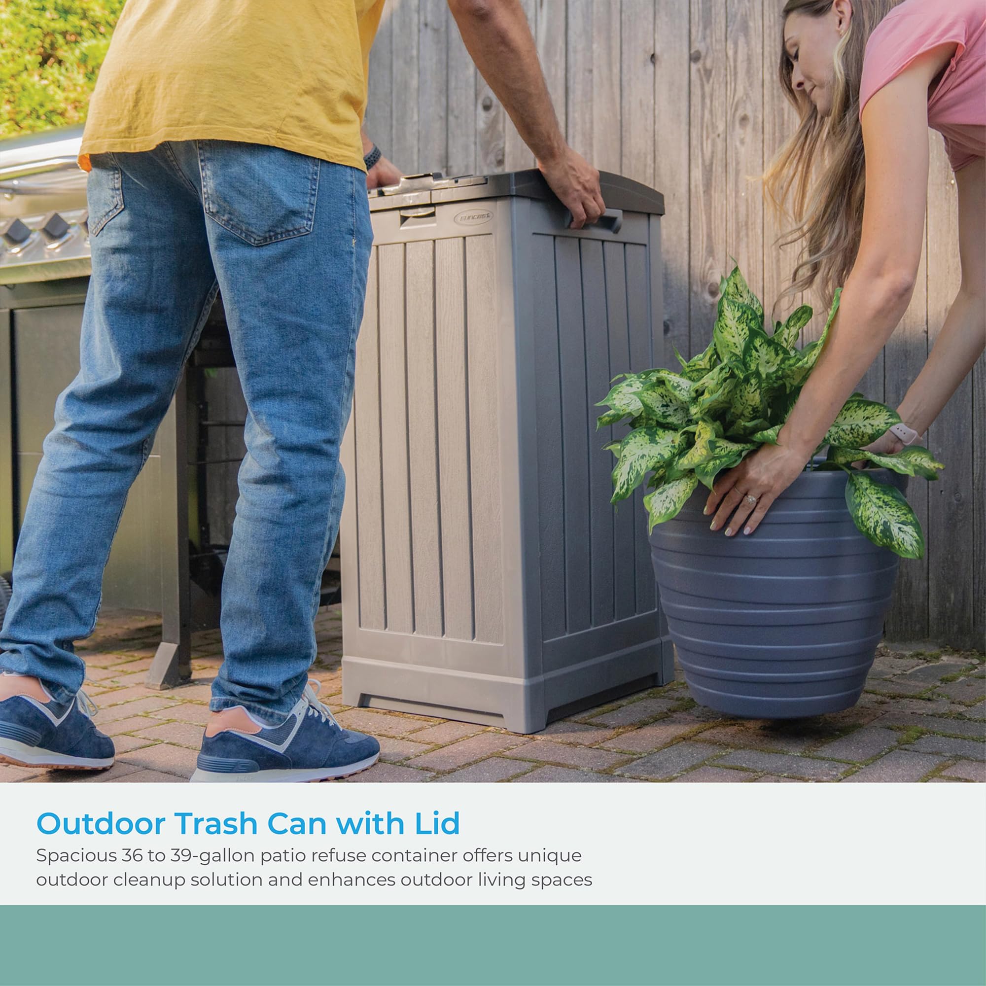 Suncast 39 Gallon Outdoor Trash Hideaway - Peppercorn Deck Waste Bin with Latching Lid, Liquid Tray & Handles | Durable Patio Garbage Can with Trash Bag Holder | Perfect for Backyard, Poolside & Outdoor Entertaining Areas