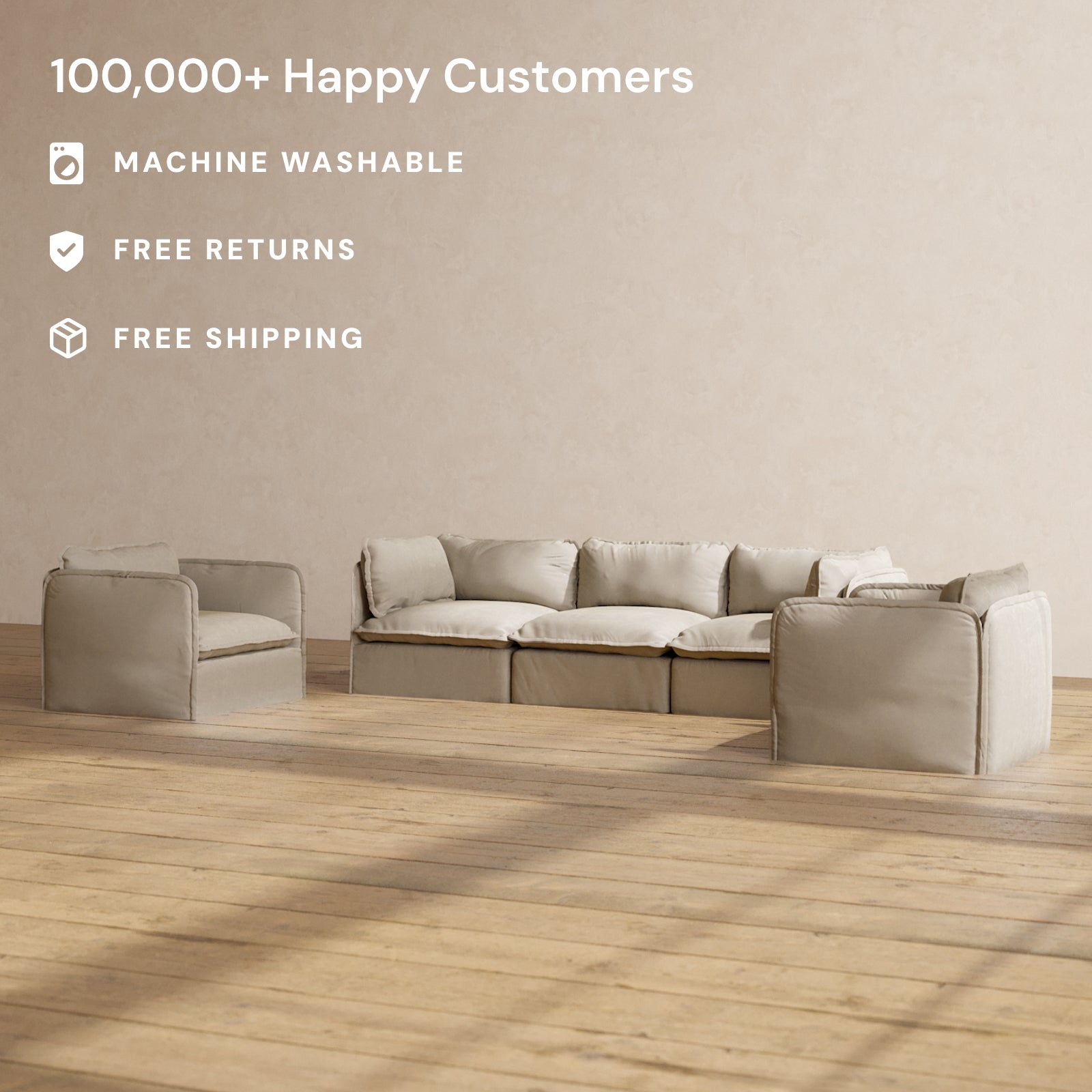 Modular Performance 3-Seater Sofa and Armchair Set in Dune Color | Modern L-Shaped Sectional Couch with Ottoman | Perfect for Living Room, Lounge, and Family Room Relaxation