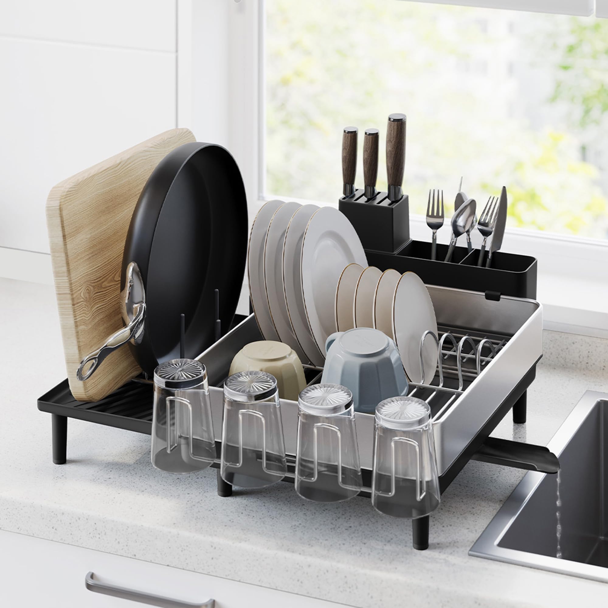 SONGMICS Expandable Stainless Steel Dish Drying Rack for Kitchen Counter - Rotatable Spout, Utensil & Cup Holders - Silver & Black (UKCS037B01) | Space-Saving Dish Organizer for Small Kitchens, Perfect for Drying Plates, Glasses, Cutting Boards & Pans