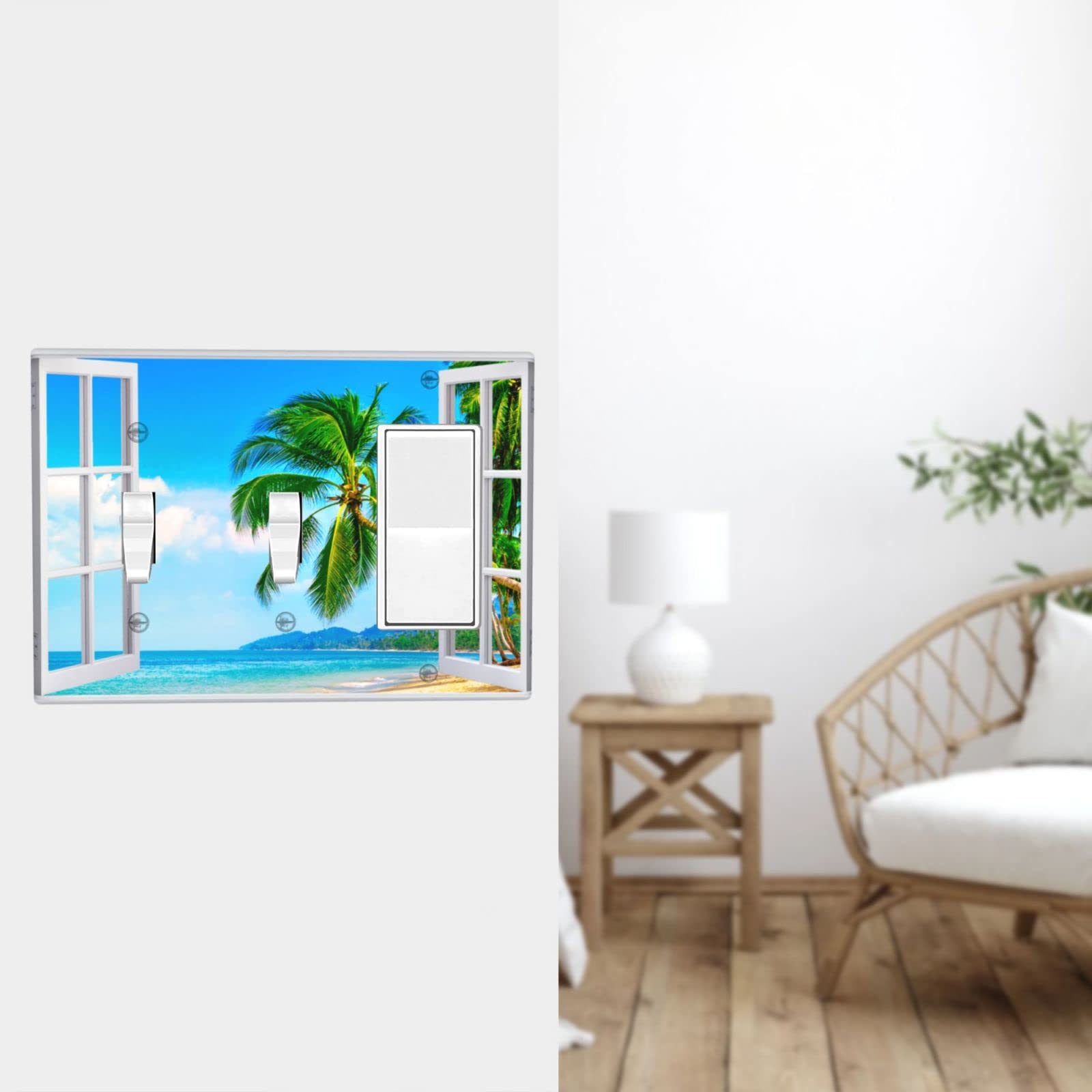 Beach View Decorative Wall Plate - 3-Gang Toggle/Rocker Light Switch Cover with Palm Tree Scenery - Durable Outlet Cover for Living Room, Bedroom, Bathroom - Perfect for Coastal, Tropical and Vacation Home Decor