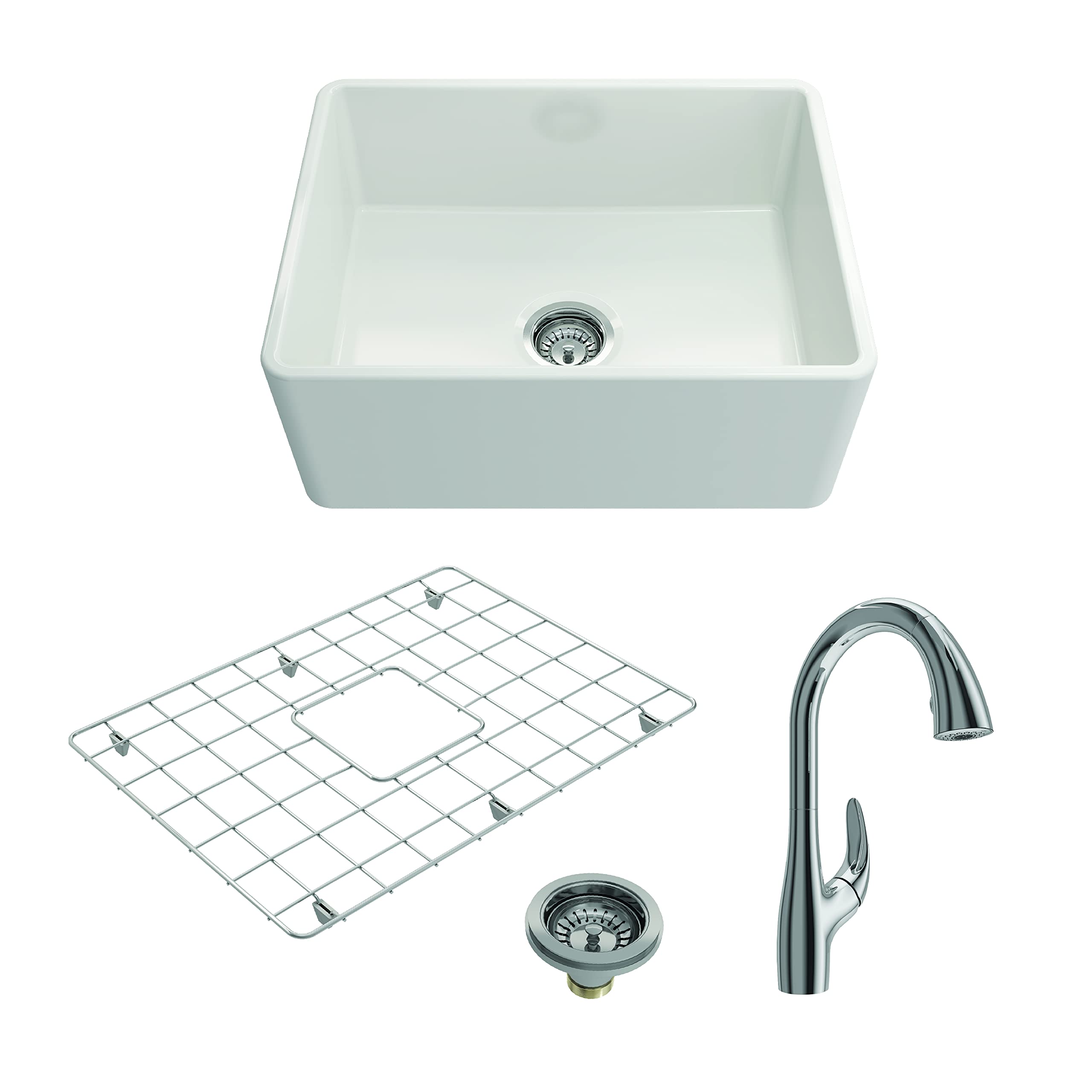 BOCCHI Classico White Apron Front Fireclay 24-Inch Single Bowl Kitchen Sink with Protective Bottom Grid, Strainer & Chrome Faucet - Perfect for Farmhouse, Rustic & Modern Kitchen Designs