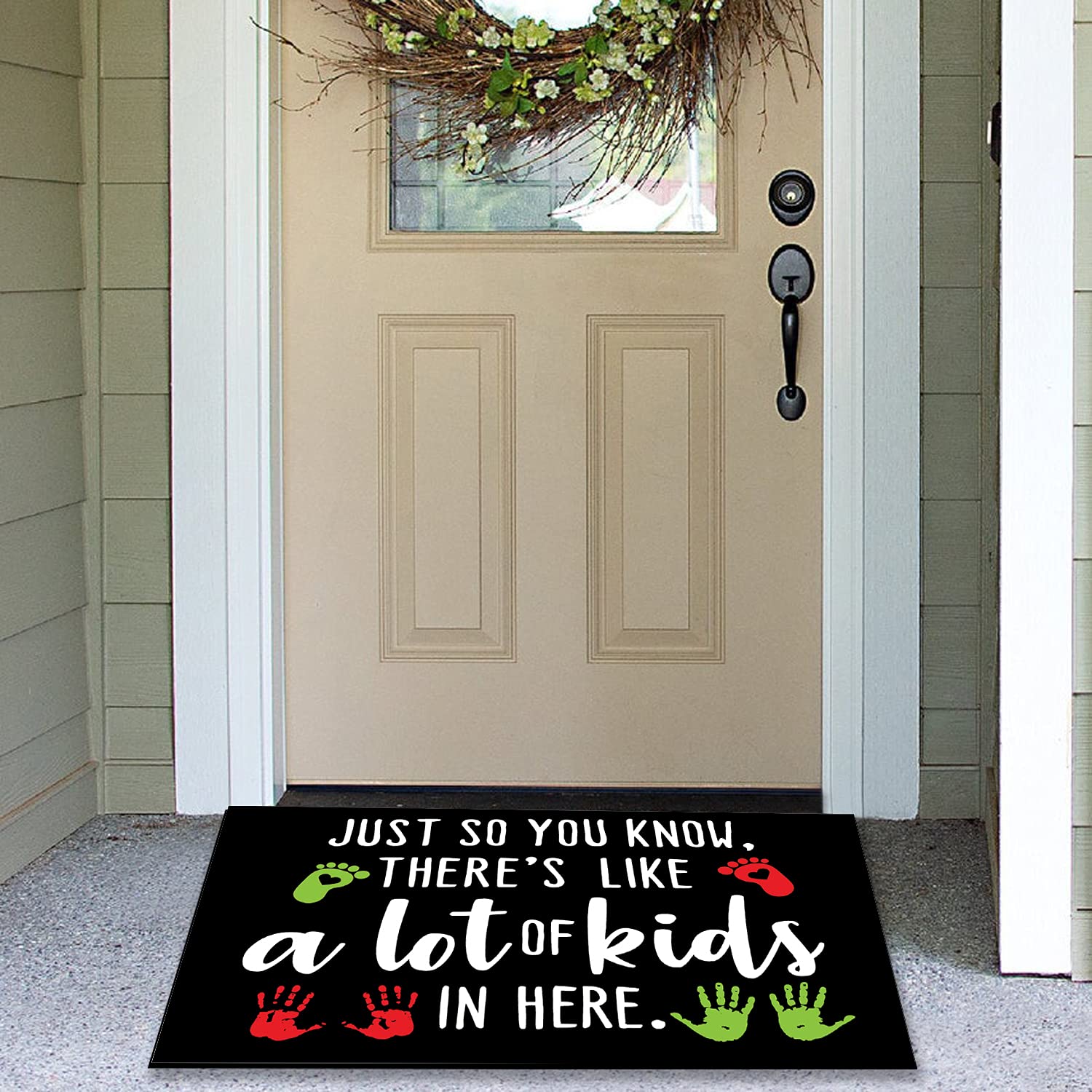 Funny Welcome Mat for Front Door - 'Just So You Know There's Like A Lot of Kids in Here' Non-Slip Indoor/Outdoor Entry Rug - 18x30 Inch, 6mm Thick - Perfect for Busy Families & High-Traffic Areas