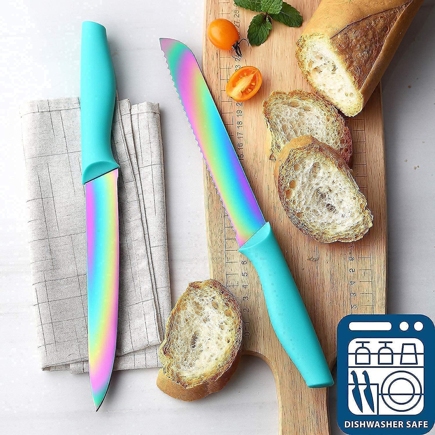 Rainbow Color Cutlery Knife Set - 5-Piece Professional Stainless Steel Kitchen Knives with Wooden Block & Box Grater | Perfect for Home Cooking, Food Prep & Gift Giving