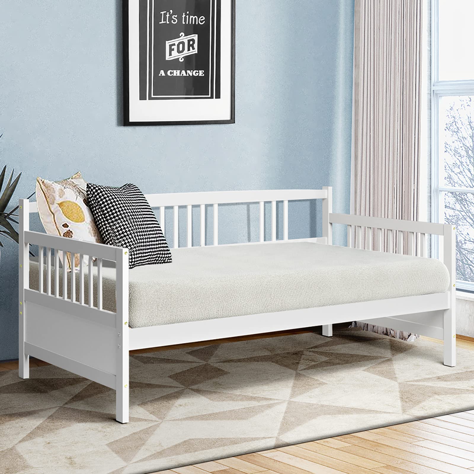 KOTEK Twin Size Wooden Daybed Frame with Rails - Convertible Sofa Bed for Guest Room, Living Room & Bedroom - Sturdy Platform Bed Frame (White) | Perfect for Small Spaces, Sleepovers & Multi-Functional Furniture Needs